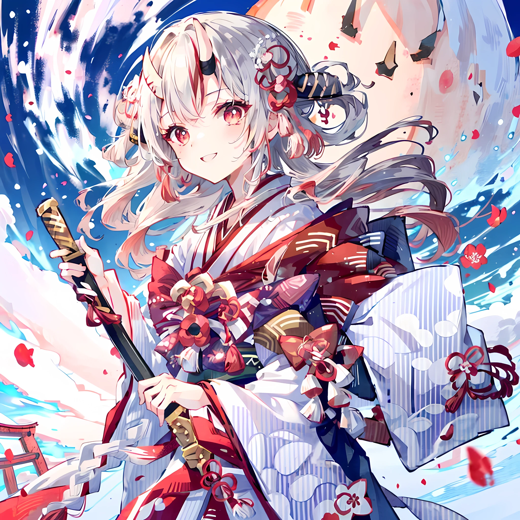 official art, on the table, sharp focus, (Beautiful gorgeous and cute Japanese woman:1.3), exquisite beautiful hair、eyes and face, actual, Super detailed, beautiful girl, night, an old japanese town, bonfire, Red petals, What a big butt, smile with teeth, (smile with eyes, open your eyes), landscape, long, straight hair, sexy facial expression, dynamic hair, Delicate platinum silver hair, (Red Japanese armor), (red corner), dark background, ((holding katana)), long sword, red sword, red eyes, (walk), Soldier, accurate hand指, accurate hand
