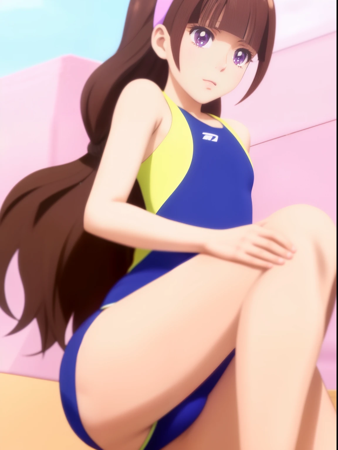 足を組んで床に座っているanime boy, Long Two Side Up Brown Hair Boy, Boy with Purple Eyes, しゃがむ美しいanime boy, Boy in swimsuit, In a one-piece swimsuit, solo, anime boyはしゃがんでいます, 紺色のタンクスーツを着たかっこいいanime boy, anime boy, High legスクールスイムウェア, High legスクールスイムスーツ, clothing:High-cut swimwear, Drawn at Anime Painter Studio, school swimwear, Ecchi anime style, school swimwear, beautiful charming anime , captivating anime boy, (anime boy), Yellow Hairband, Japan student swimwear, かっこいいanime boy, High leg, anime boy, Bare shoulders, bare legs, bare arms, bare thighs,