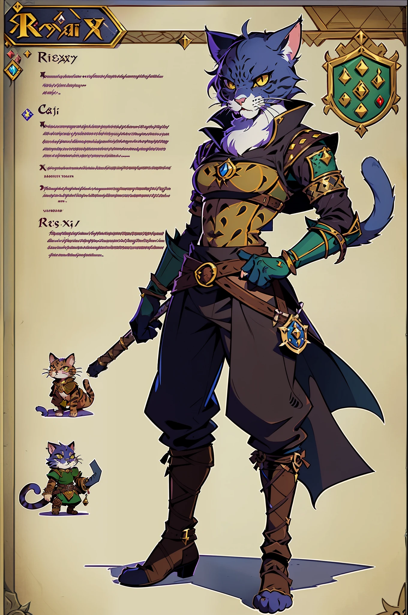 masterpiece, 1man, extremely detailed character, full body shot, best quality, dnd, dungeons and dragons, dnd character, character, (Tabaxi, Cat, Khajiit), (Rogue, Thief), (dotted cat features, furry:1.3), medieval era, fantasy clothes, anime style, (medieval thief outfit:1.5), (fantasy outfit)