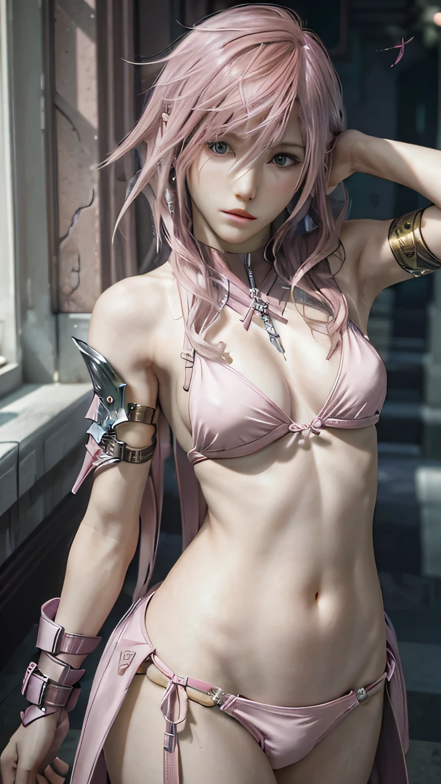 (masterpiece, highest quality:1.3)
Lightning FF13, 1 girl, alone, long hair, pink hair、pink bikini、sexy pose