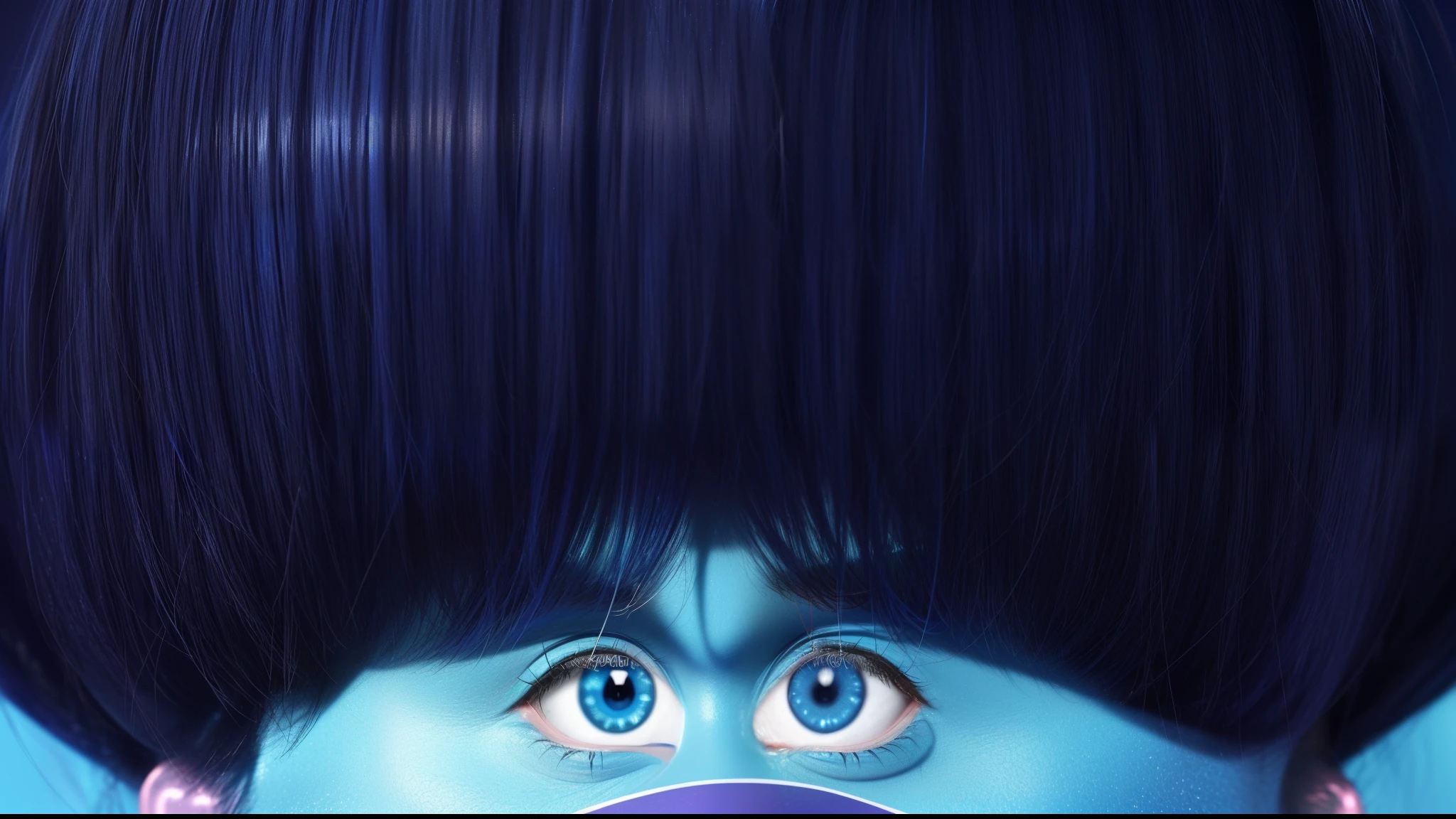 The image is a still from the cartoon "Trolls". The blue troll character is depicted with an emotion of surprise. It shows a close-up of a blue troll with two large blue curly eyes raised up in surprise. The troll has a blue face with dark blue eyebrows and blue eyes. He has a big purple nose underneath. He has a big purple nose underneath. It features a close-up of a blue troll with a large afro of hair. The troll has a blue face with dark blue eyebrows and blue eyes with black eyelashes. He has a purple nose blue troll with big blue eyes and black eyebrows. blue troll with black hair and large blue eyes. The troll has thick eyebrows and long eyelashes. glossy trolls with and glossy texture, smooth 3d model, multiple light sources, rim light, sharp post effects render, (glossy metallic texture with multiple big light probe refractions), perfect cgi, anthropomorphic cat, digital art, detailed digital art, reflective, best quality, 4k, masterpiece:1.2, ultra-detailed, realistic, vivid colors, dark and moody lighting, The image of the highest quality, ensuring every detail showcased perfectly. It in 4k resolution, allowing viewers to immerse themselves in the richness of the colors and intricate details. The realistic rendering. under the spotlight, reflecting, high-resolution image, realistic rendering, dark background, and rim light