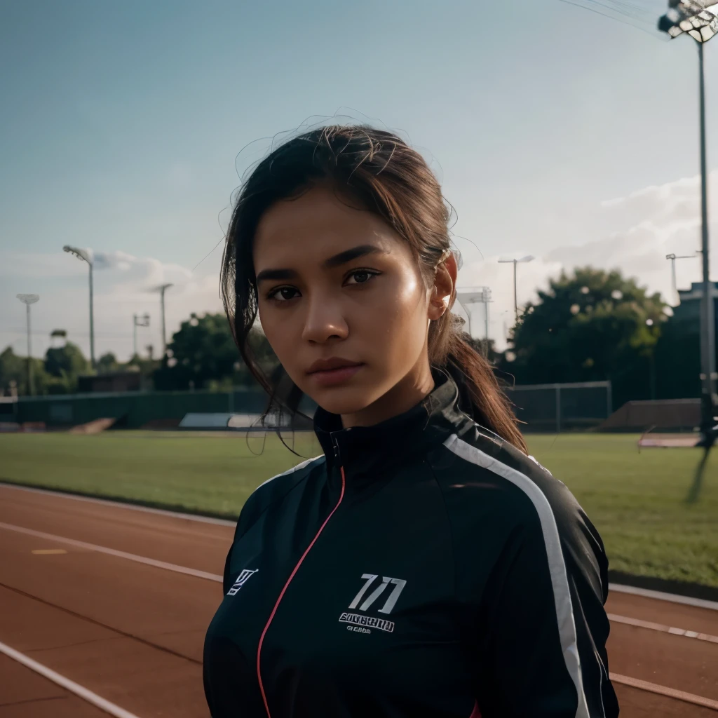 beautiful mature Indonesian college girl, in track outfit, outside on track field, ((slim, )), photorealistic, photo, masterpiece, realistic, realism, photorealism, high contrast, photorealistic digital art trending on Artstation 8k HD high definition detailed realistic, detailed, skin texture, hyper detailed, realistic skin texture, armature, best quality, ultra high res, (photorealistic:1.4),, high resolution, detailed, raw photo, sharp re, by lee jeffries nikon d850 film stock photograph 4 kodak portra 400 camera f1.6 lens rich colors hyper realistic lifelike texture dramatic lighting unrealengine trending on artstation cinestill 800,
