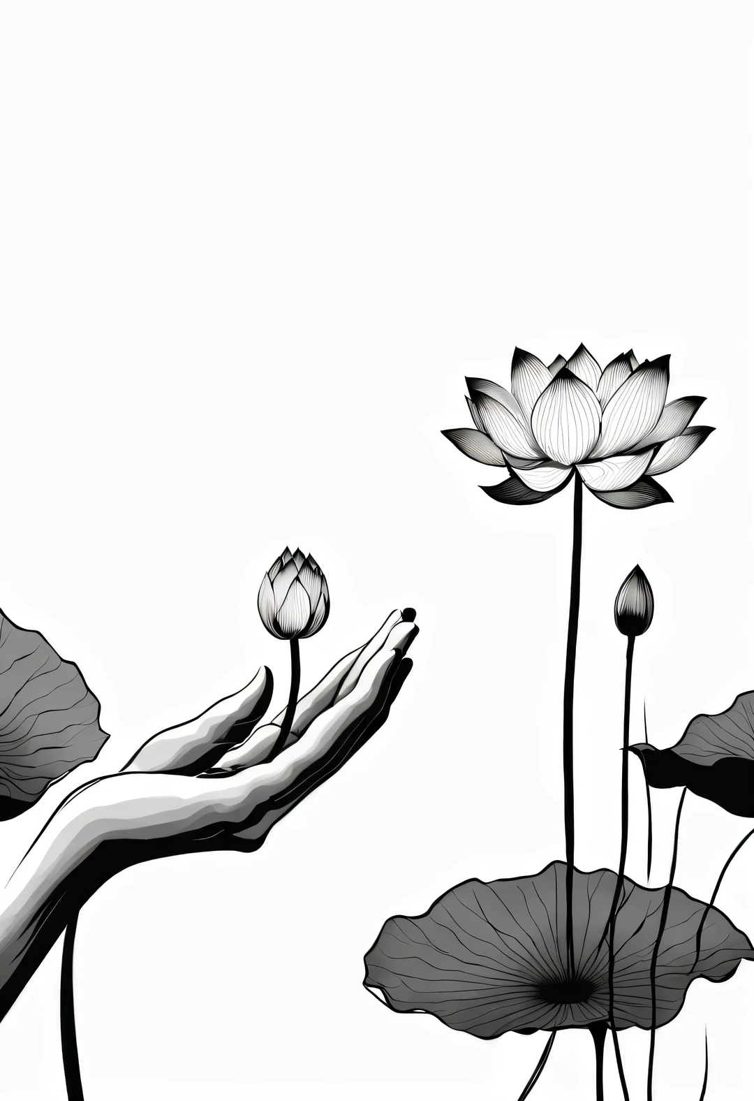 Only one beautiful and slender finger,holding a lotus,contour,line art,Minimalist Chinese ink painting,