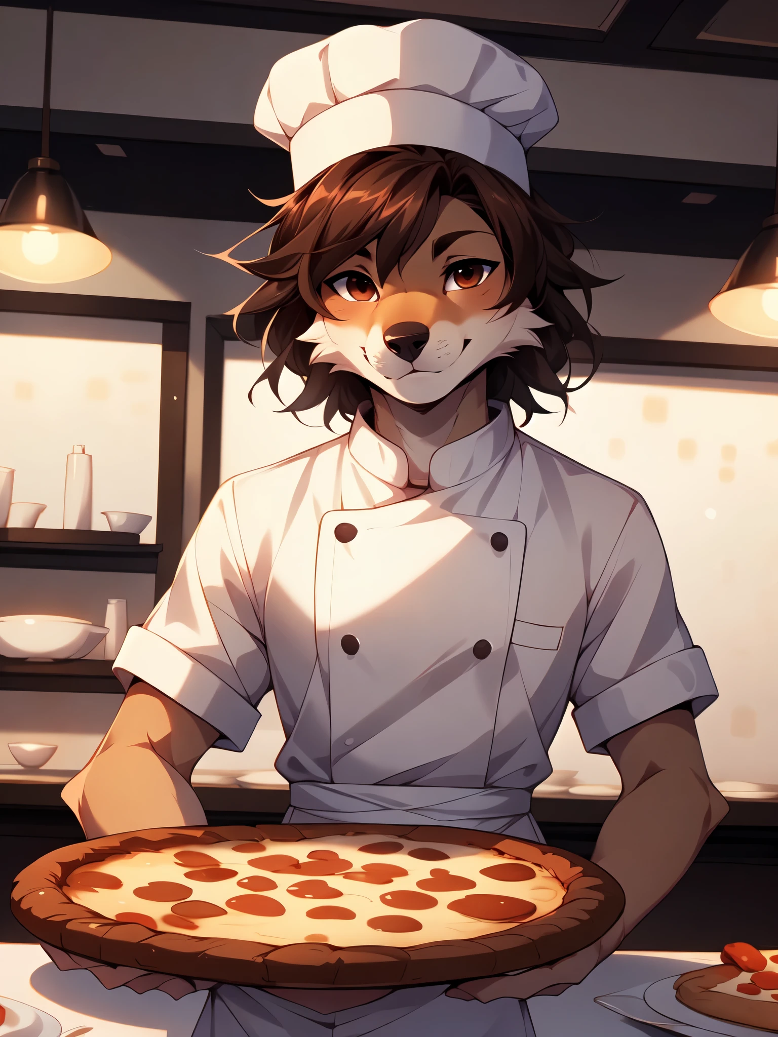 Jaiden, solo, by fumiko, by hyattlen, by hioshiru, male brown wolf, cute snout, black nose, brown shaggy hair, brown eyes,  wearing tall chefs hat, white chefs outfit, in an Italian restaurant, placing a large pizza on the table, front view,  