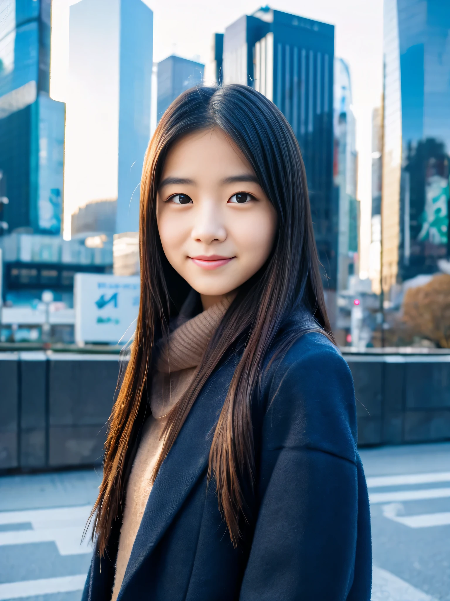 Photoreal, 8K full-length portrait, Beautiful woman, attractive look, Clear system, , Tokyo city, winter, Shibuya in the background