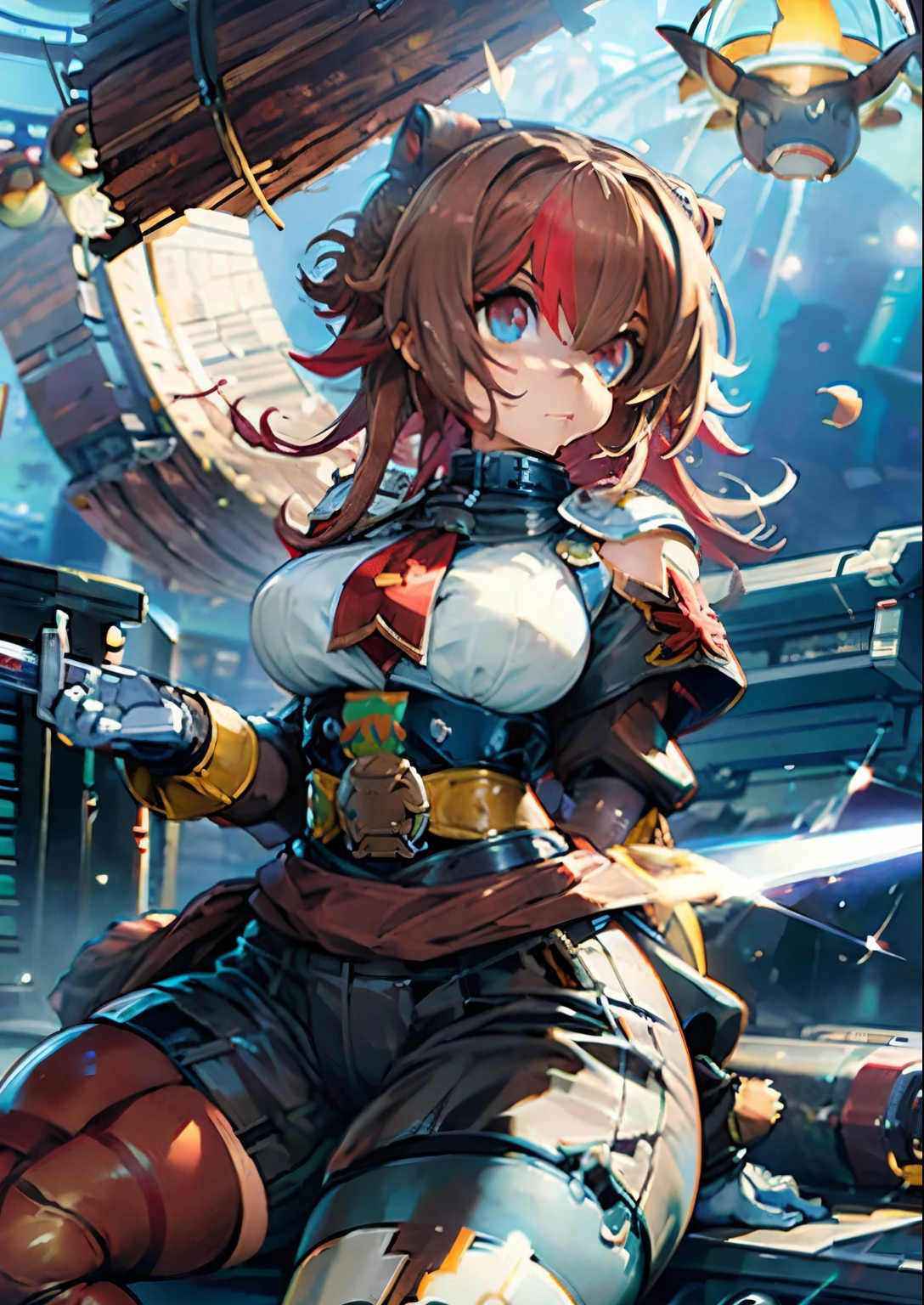 Masterpiece, intricate, anime style, full body, 1girl, warhammer 40k style, white scars, space marine feature, white scars emblem, white power armor, (bun, long hair, :1.25), beard, REST, Sword, sword in hand, action, rakkun, racoon ears, 1tail, fluffy tail, brown and light brown ringed tail, red and blue eyes blurred, short hair, red inner hair, brown hair, a strand of hair on the left side, red hair strips, cybernetic body, mecha arms, mecha legs, mechanical arms, mechanical legs, short black shirt uncovered on the shoulders and with a black mesh with black borders up to the collar, polo shirt, short black skitr whit dark red checkered, black belt around the waist, looking at viewer, best quality, 4k,highres, professional art, professional drawing, professional lineart, outlined markers, 