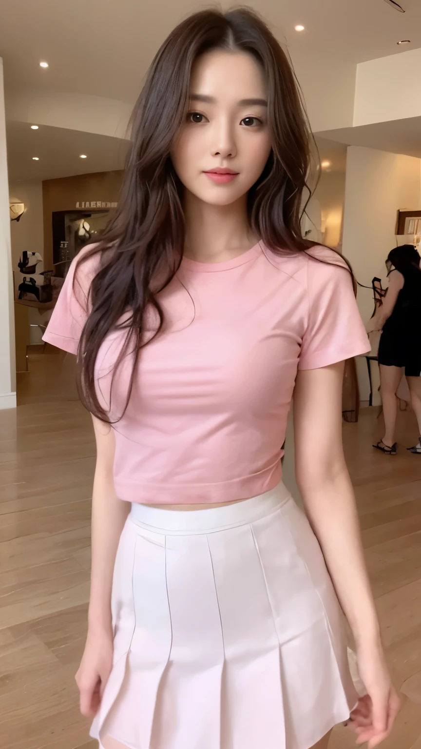 ((top-quality、8k、masterpiece:1.3))、Beautiful woman with perfect body:1.4、slim abdomen:1.2、Longhair, normal breast, Highly detailed facial and skin texture, A detailed eye, delicate eyes, double eyelid, (smile), (full body shot), ((shopping mall)), (standing), (((wearing pink t-shirt with white skirt 1.1))), looking in front