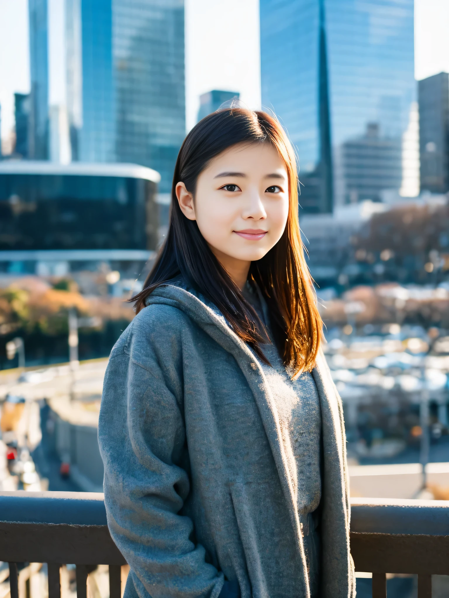 Photoreal, 8K full-length portrait, Beautiful woman, attractive look, Clear system, 16 years old, Tokyo city, winter, Shibuya in the background