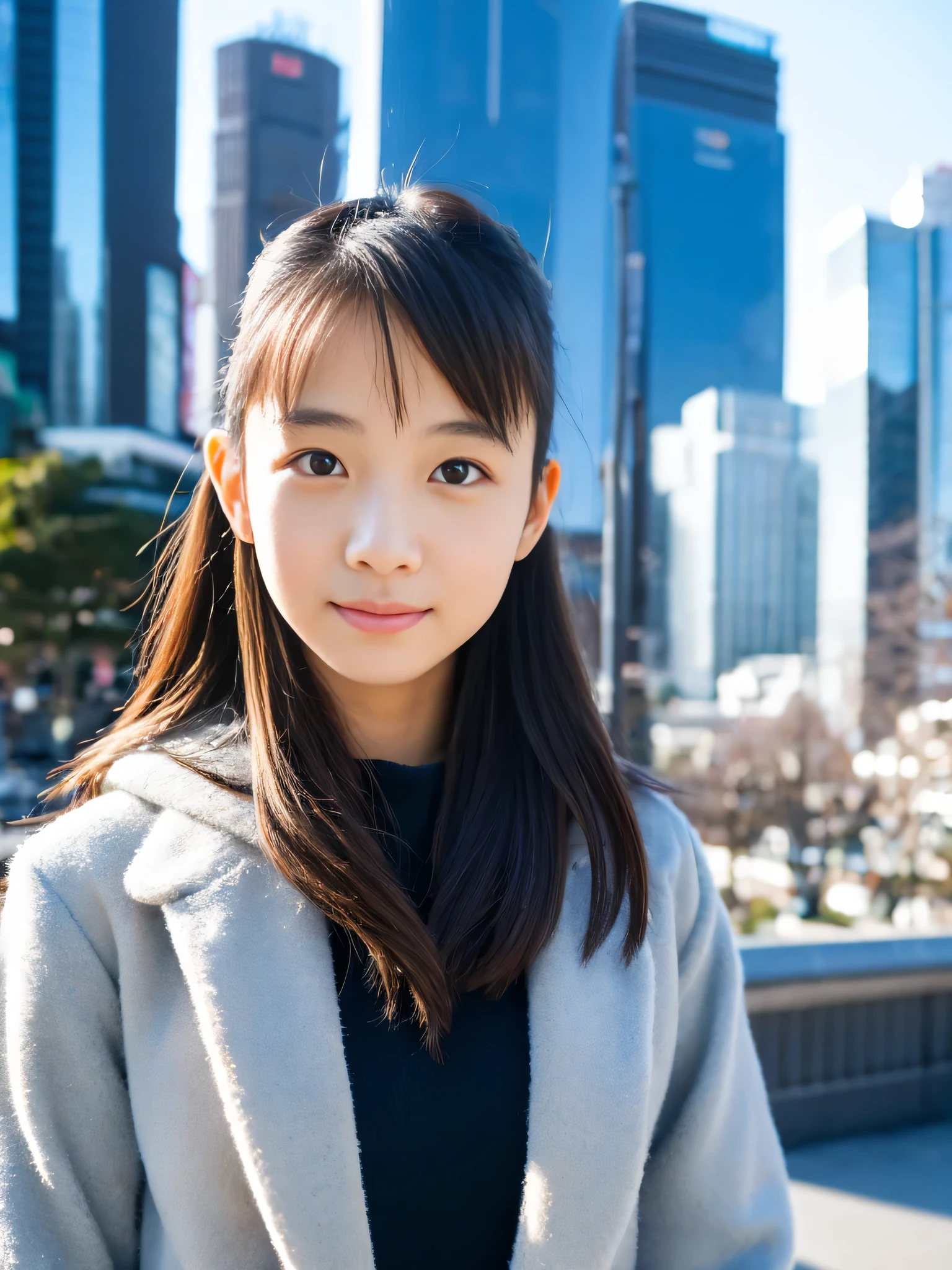 Photoreal, 8K full-length portrait, Beautiful woman, attractive look, Clear system, 16 years old, Tokyo city, winter, Shibuya in the background