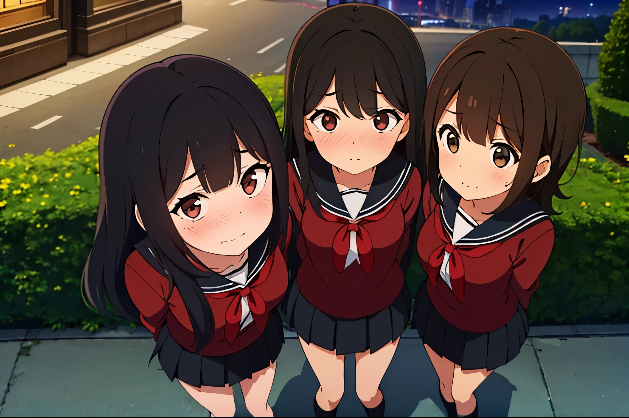 (Three Women:1.5)　,dark brown hair,black hair,（nose blush:1.7） ,surprised,open your mouth,(school uniform),（Panties are fully visible:1.7),(extremely high quality),（red mini skirt）,nature,mountain road,（big droopy eyes:1.5）,（round eyes:1.5）,Shiny legs, thighs,cute face,（From above）,tall,night,street light,slouch,hedges