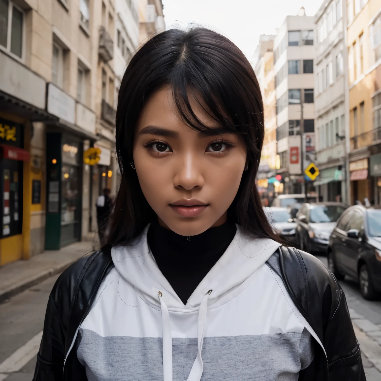 Creates a 24-year-old Angolan digital influencer, with the appearance of a Korean, dark skin tone, with sexy eyes, frontal portrait, realistic camera, and with decent clothes