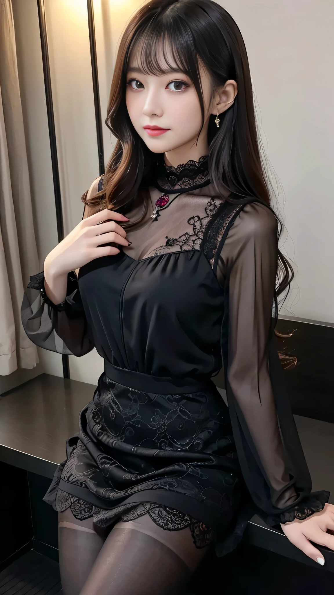 Super detailed、Japanese、charming beauty、seductive adult woman、Dainty woman、sharp eyes、cool girl、wavy hair、suit、Black chiffon、lacy fabric、wide sleeve、wearing a lace insert dress、white blouse、Tight Skirt、flower pantyhose、Shiny legs、evilの幹部、evil depravity、brainwashing、Mind control、lipstick、grin、邪evilなな表情、evil、empty eyes、邪evilな、one girl in a dark factory、Are standing