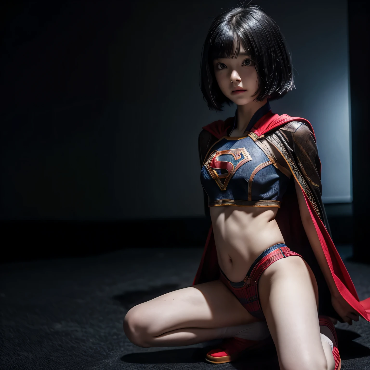 super , masterpiece, highest quality, abstract, psychedelic, neon, (honeycomb pattern), (creative:1.3), fantasy 00d、 black hair、bob cut with trimmed ends、flat chest、Thin crotch、lolicon、belly button、High-leg style、red cloak、pointed nipples、white panties、(((squat)))、transparent clothes、