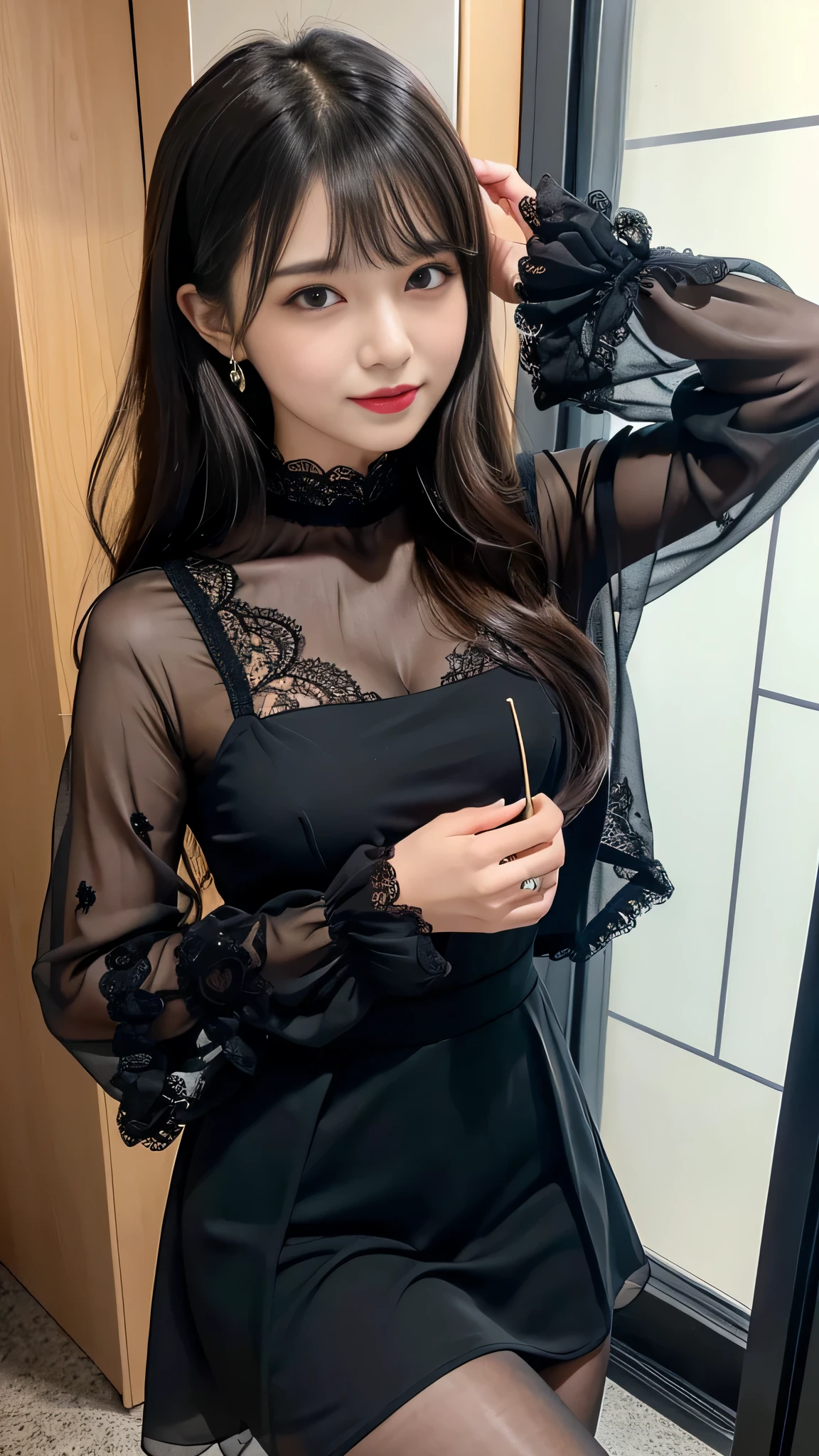 Super detailed、Japanese、charming beauty、seductive adult woman、Dainty woman、sharp eyes、cool girl、wavy hair、suit、Black chiffon、lacy fabric、wide sleeve、wearing a lace insert dress、white blouse、Tight Skirt、flower pantyhose、Shiny legs、evilの幹部、evil depravity、brainwashing、Mind control、lipstick、grin、邪evilなな表情、evil、empty eyes、邪evilな、one girl in a dark factory、Are standing