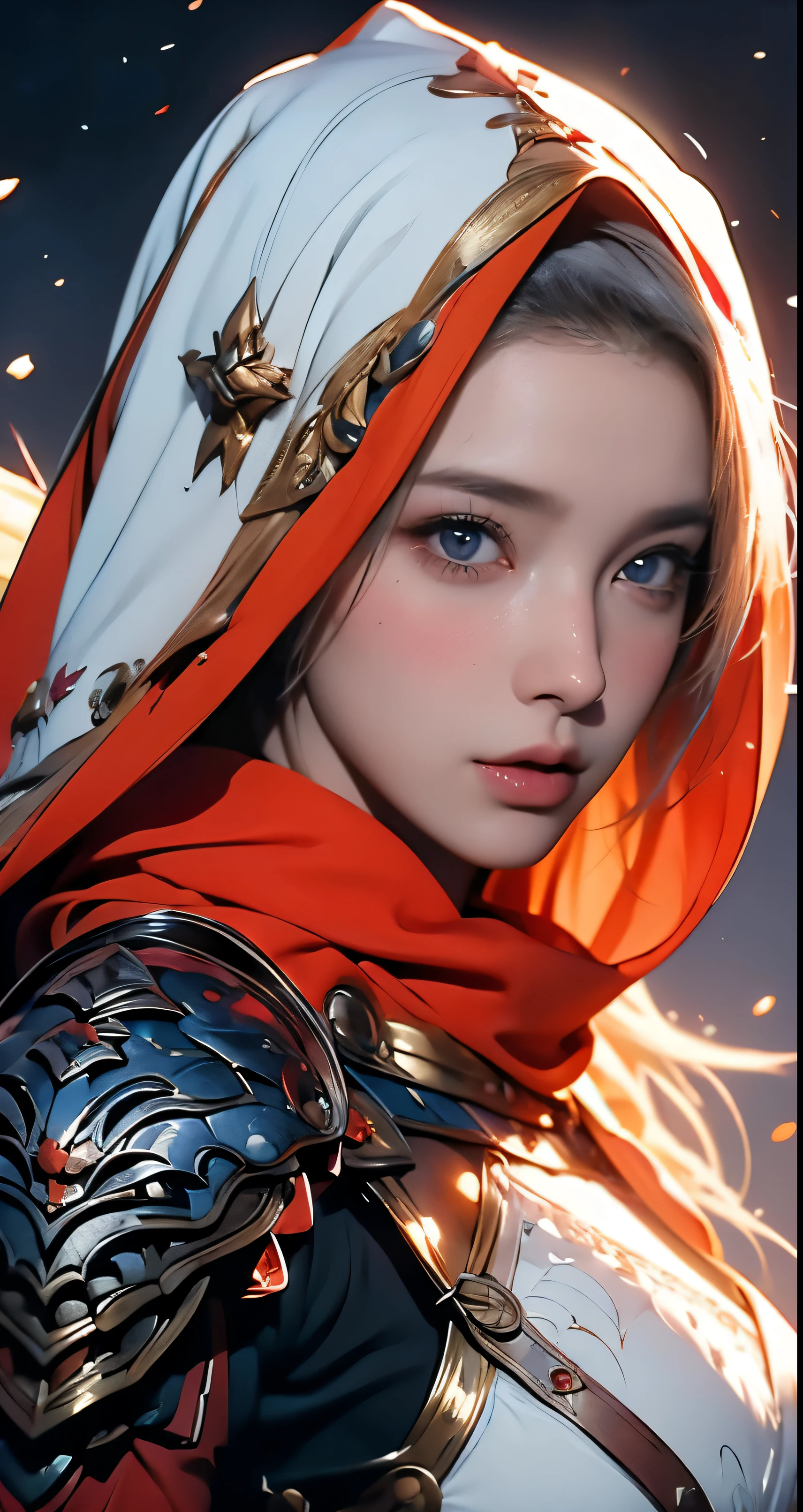 wearing a hijab and dimples, around 17 years old, (plain red hijab), tmasterpiece,Best quality at best,A high resolution,8K,((Portrait)),(Head close-up),Original photo,real photograph,digital photography,(Female adventurers in the medieval fantasy style),(Medieval Valkyrie in fantasy style),18-year-old girl,(Hair gradients of blonde and red),blue短发,Red eyelue and long gradient short hair,blue),perfect breast (super huge round perfect breasts),An extravagant ornament,cparted lips,Keep your mouth shuegant and charming,((Blushing)),haughty contempt,Calm and handsome,(Medieval fantasy combat suit,Joint Armor,Lightweight blue protection,The Beautiful Magic Badge,Medieval armor combined with lingerie and silver,A delicate pattern,white Cloak),(Woman warrior),Photo pose,medieval characters,medieval fantasy style,Ancient castle background,ruin, oc render reflection texture, sexy style, sexy breast bra armor ,