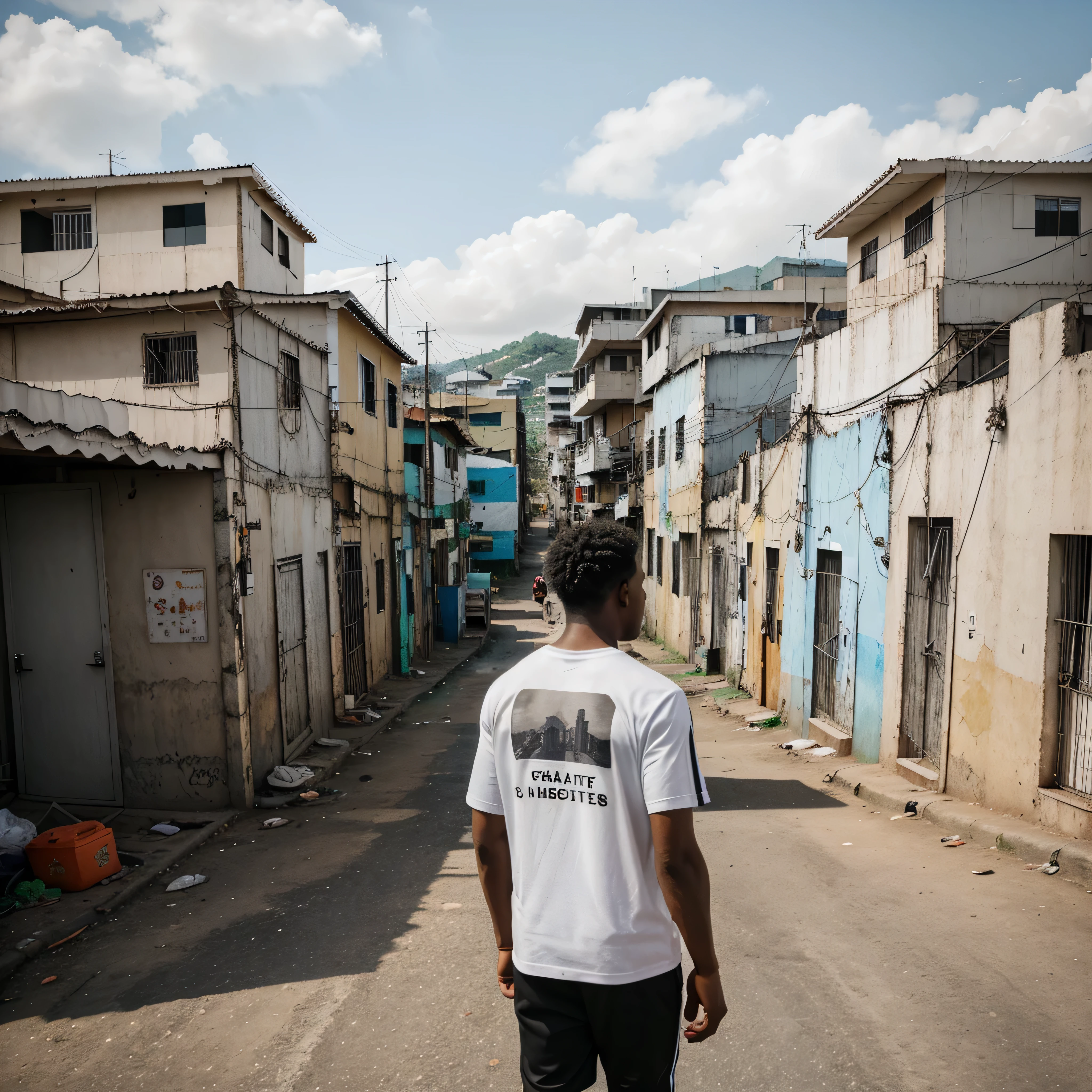 Describe the scene of a black man from behind, wearing a striped football team t-shirt, immersed in the daily life of a favela, showing a wide view of the favela. Explore the details of the surrounding environment, capturing the vibrant and complex atmosphere of favela life. Describe the man's striking presence, highlighting his connection to the community and the nuances of everyday life that surround him