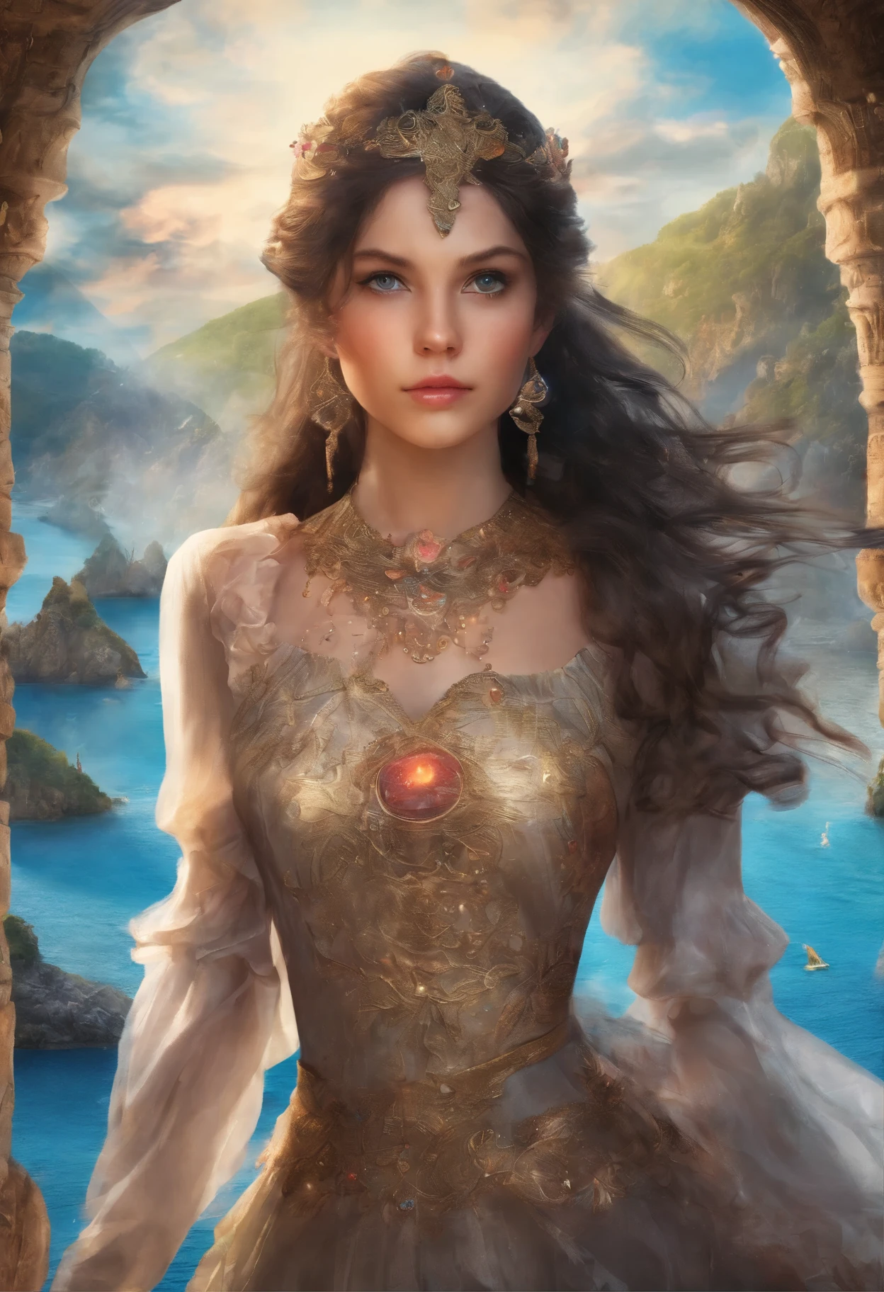 High resolution, brunette girl, , bright blue eyes, pattern of stones on her face along the forehead to the temples, Brunette, temples slightly shaved, long black hair pulled back in a ponytail, temples slightly shaved, dressed in a silk shirt and loose trousers, bright blue eyes, portrait, the sea in the background, seagulls, realism, fantasy