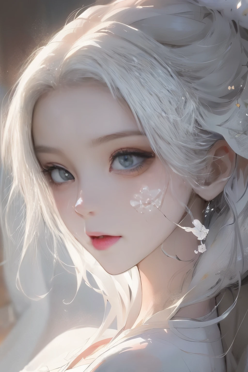 ((masterpiece)), Very detailed, best quality, 8k, (柔Light), Light, Beautiful and delicate eyes, 1 girl, white hair, long hair,  elegant, Comfortable, Clean and detailed anime art, Trending on artstart, rainbow colors, milky white, cream dripping on face, illuminate warmly, Soap, (pink and white theme),
