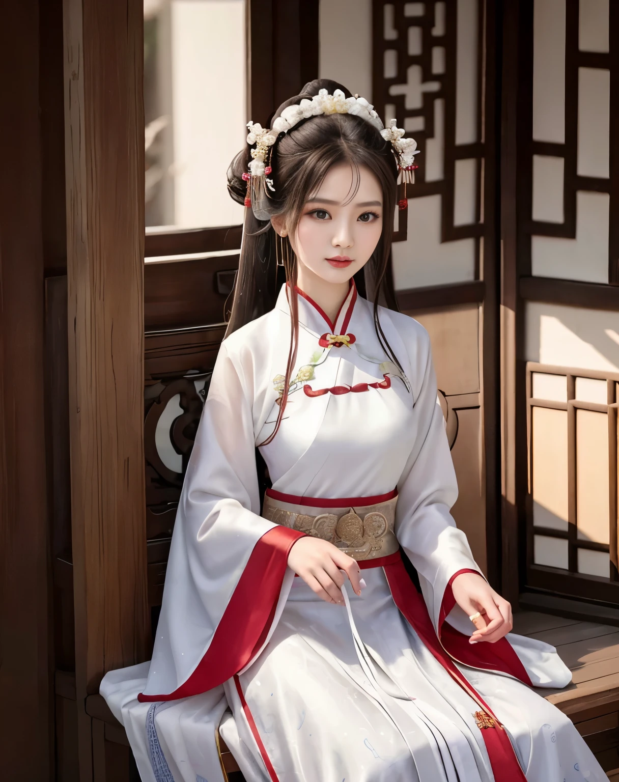 Araf woman in white dress sitting on bench, cheongsam, Paired with ancient Chinese costumes, cheongsam, traditional Chinese clothing, Chinese style, white hanfu, Chinese girl, palace ， A girl wearing Hanfu, Gorgeous Chinese model, traditional beauty, chinese woman, Wearing ancient Chinese clothes, traditional Chinese, China costume, a beautiful woman in white，There are cute and round dragon horns on the head，Hands clenched into fists slightly
