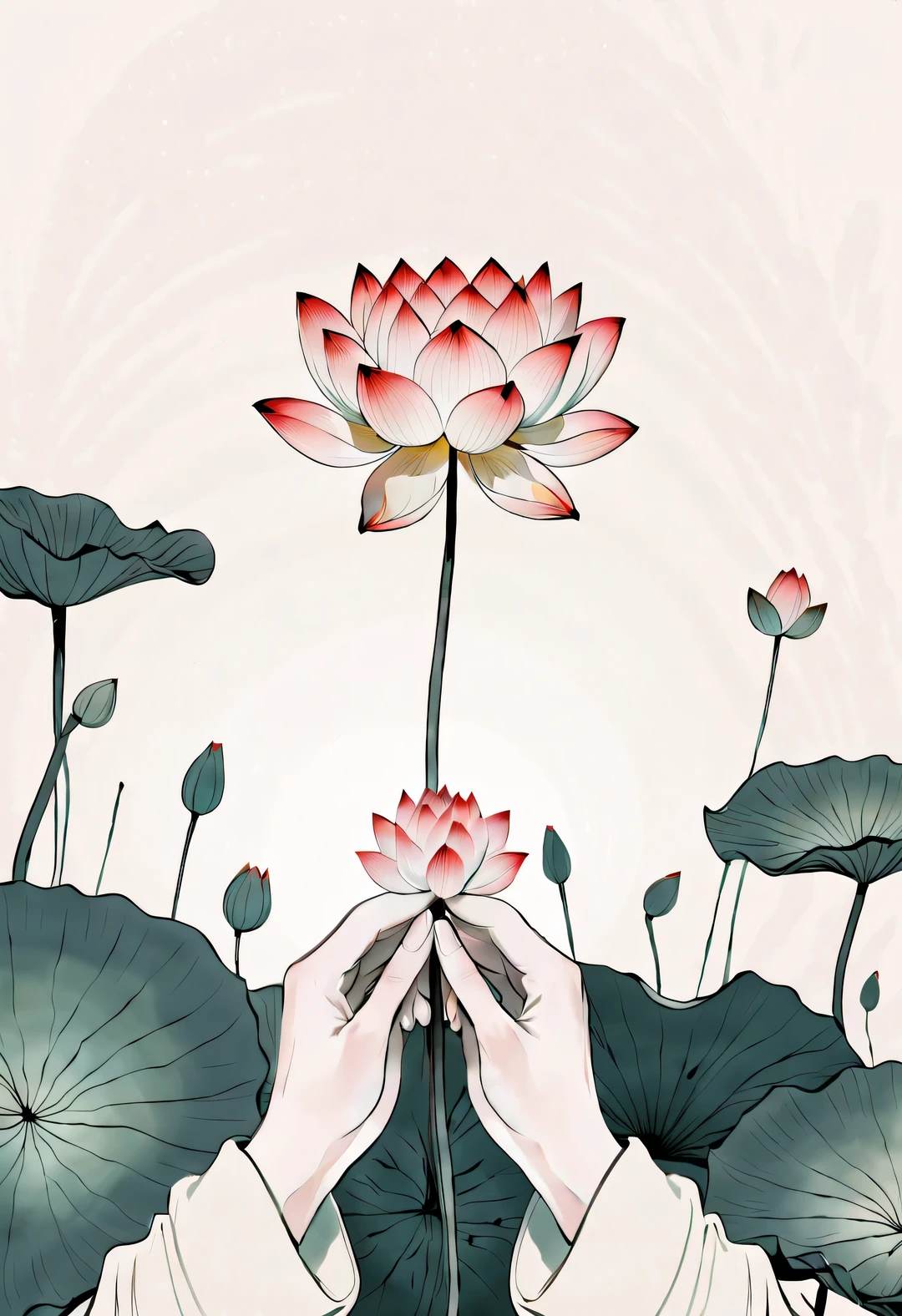 Beautiful slender hands clasped together，holding a lotus，contour，line art，Minimalist Chinese ink painting，