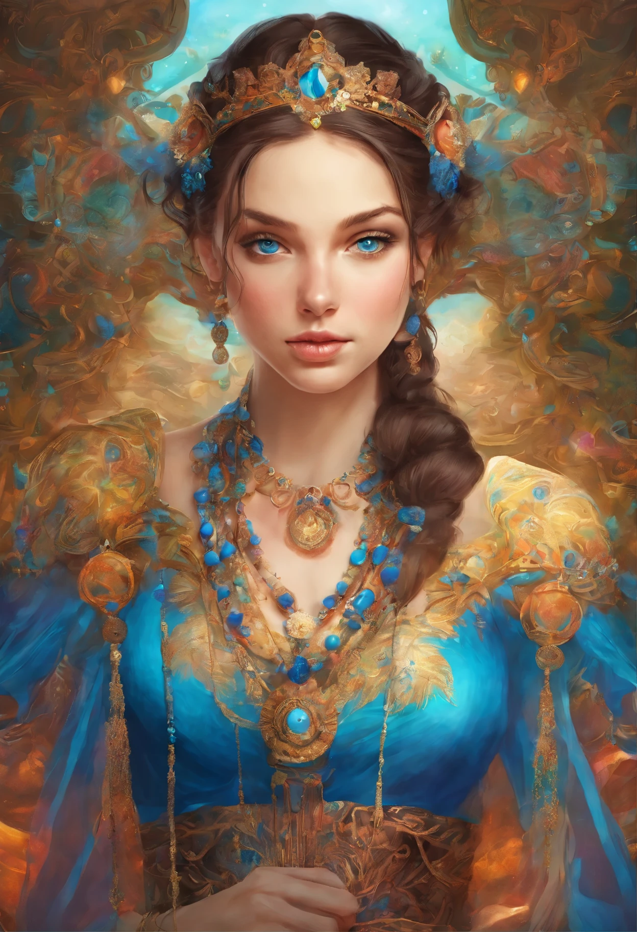 High resolution, brunette girl, , bright blue eyes, a pattern of stones on her face along the forehead to the temples, Brunette, temples slightly shaved, long black hair pulled back in a ponytail, temples slightly shaved, dressed in a silk shirt and loose trousers, bright blue eyes, portrait, located on a schooner,the sea in the background, realism, fantasy