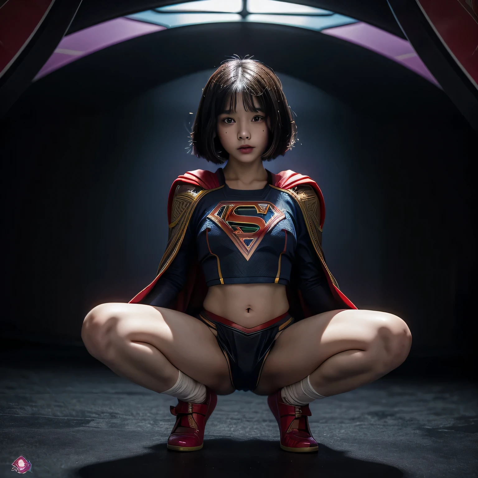 super girl elementary school student, masterpiece, highest quality, abstract, psychedelic, neon, (honeycomb pattern), (creative:1.3), fantasy 00d、 black hair、bob cut with trimmed ends、flat chest、Thin crotch、con、belly button、High-leg style、red cloak、pointed nipples、white panties、(((squat)))、transparent clothes、