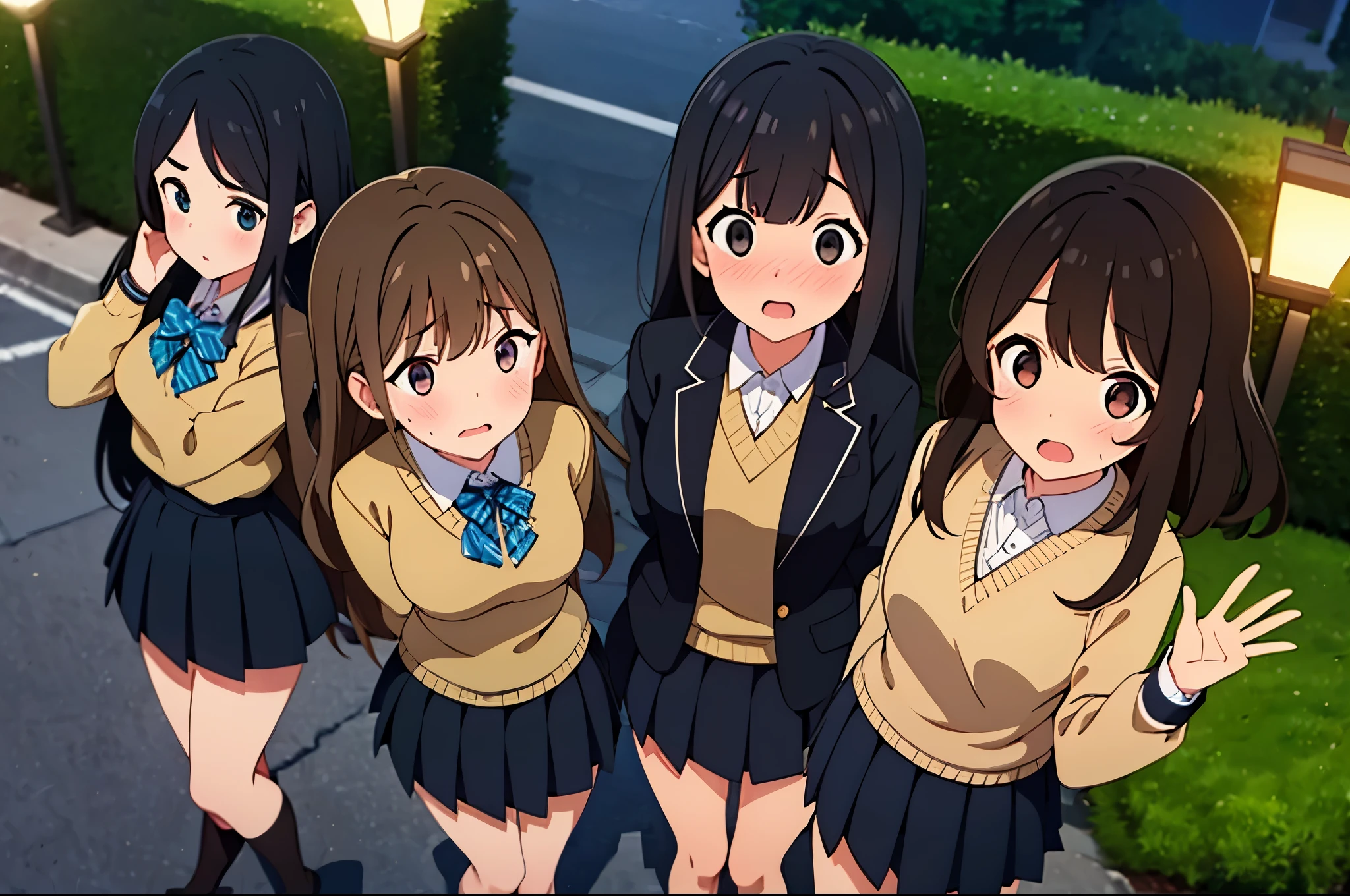 (Three Women:1.5) ,dark brown hair,black hair,(nose blush:1.7) ,surprised,open your mouth,(school uniform),(Panties are fully visible:1.7),(extremely high quality),(mini skirt),nature,mountain road,(big droopy eyes:1.5),(round eyes:1.5),Shiny legs, thighs,cute face,(From above),tall,night,street light,slouch,hedges
