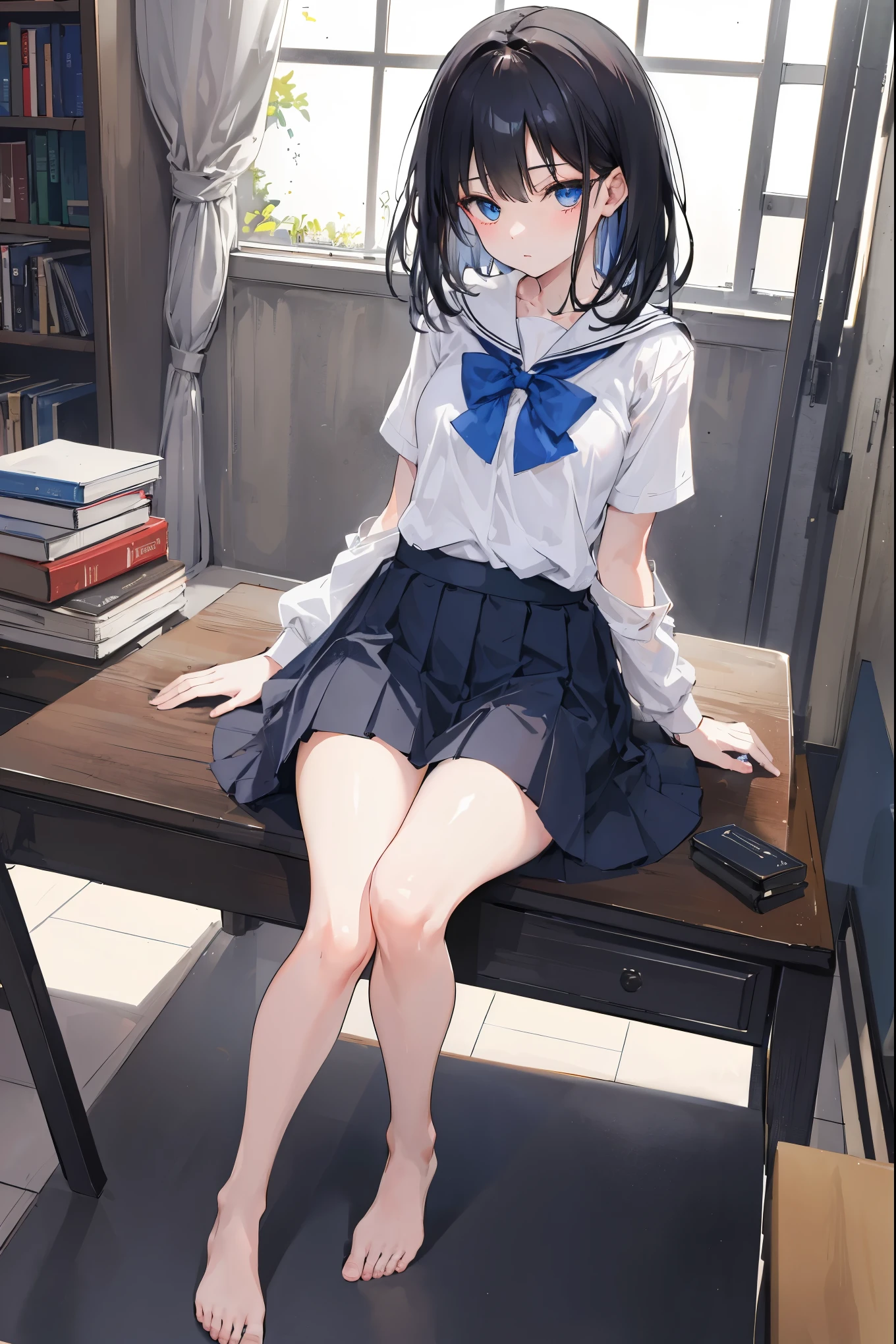 (masterpiece、highest quality、Super detailed)、One girl、gyaru、Black Hair、twintails、Blue eyes、evil smile、((Grin))、Earrings、Small breasts、((White shirt))、Short sleeve、Blue bow tie、((Black pleated skirt))、white socks、loafers、Sit on a chair、Shoot from above、Classroom Background