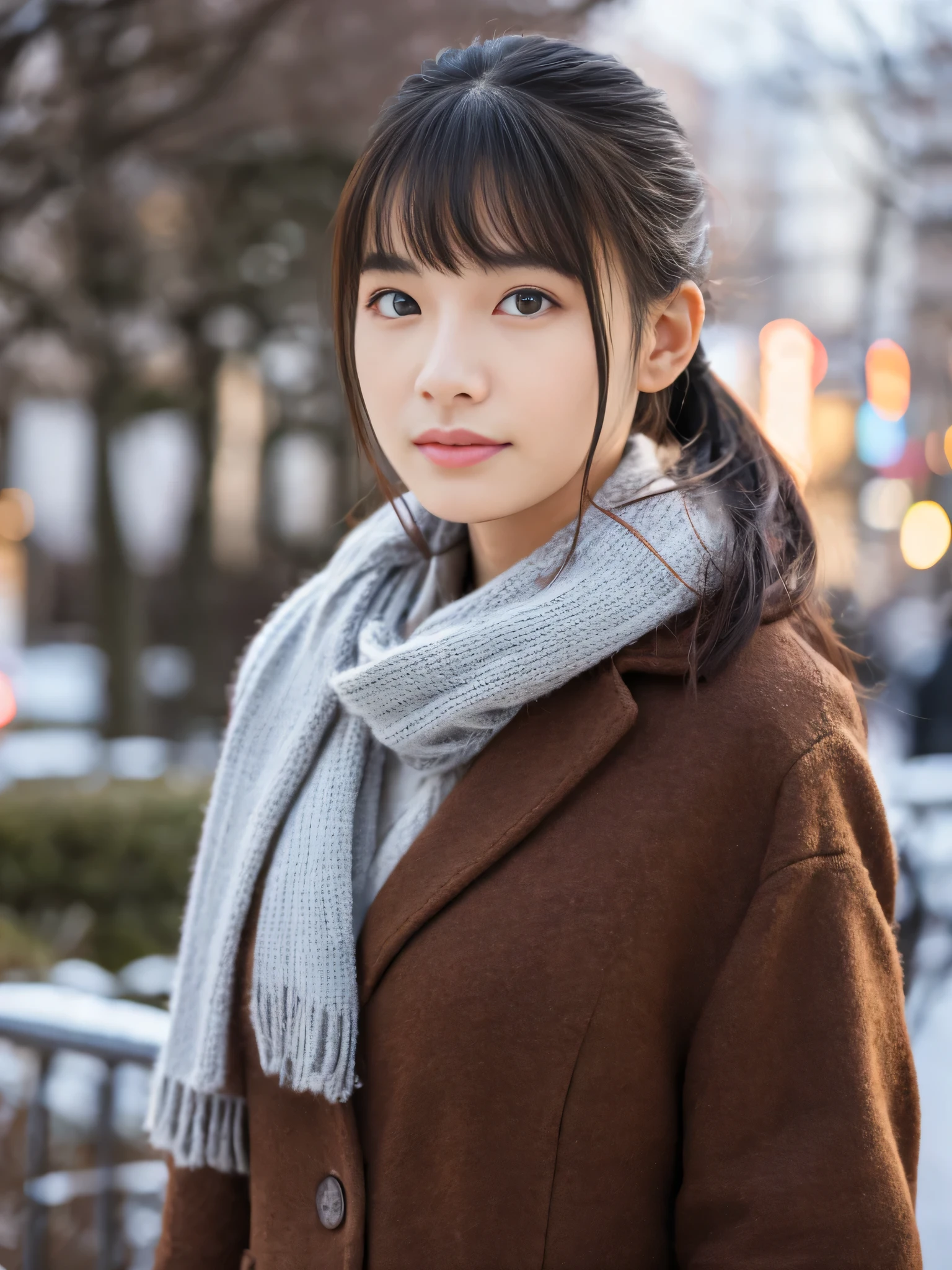 Photoreal, 8K full-length portrait, Beautiful woman, ponytail, attractive look, Clear system, , Tokyo city, winter, Shibuya in the background