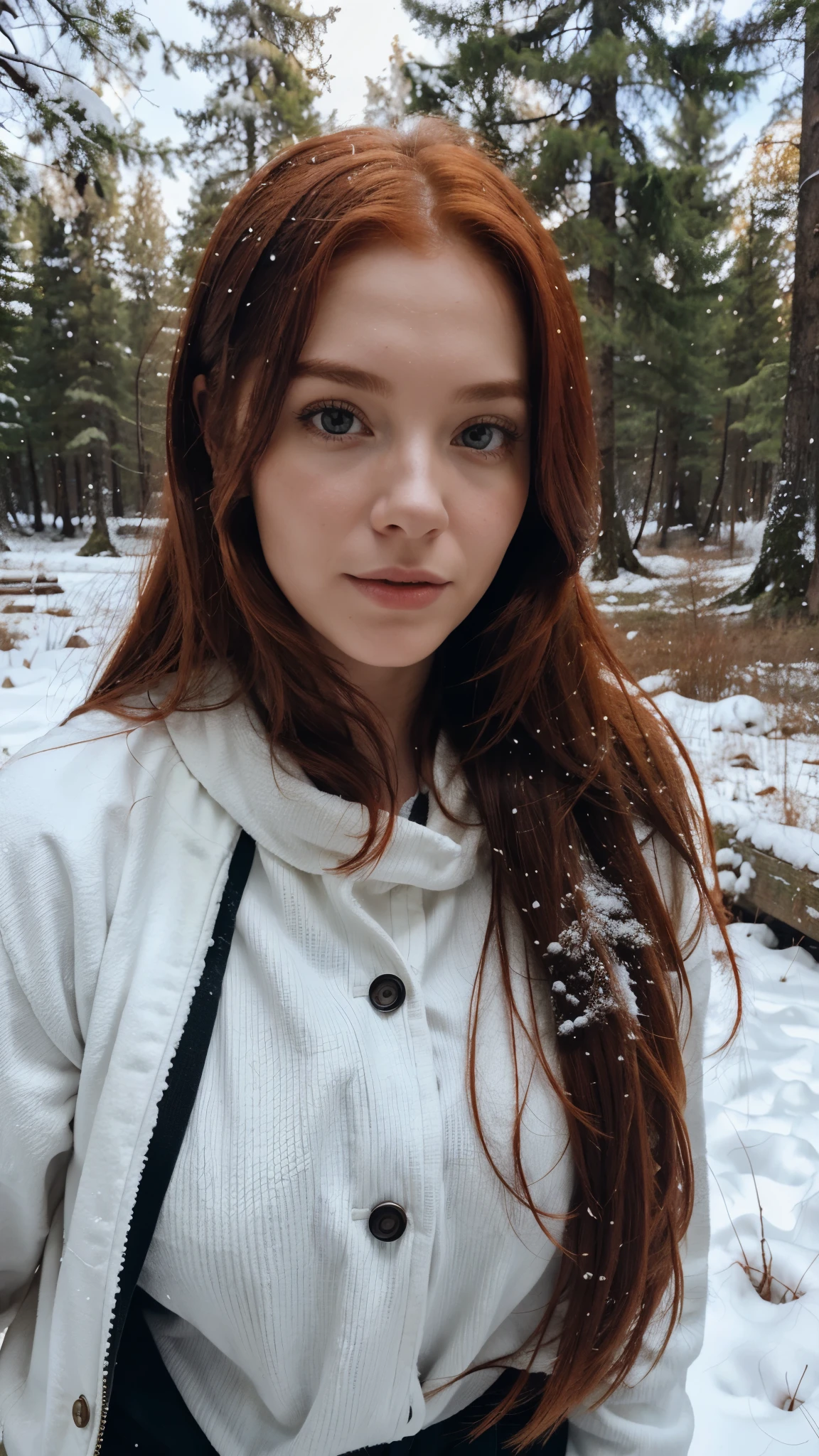 female, 28 years old, redhead, snow, forest, mountain