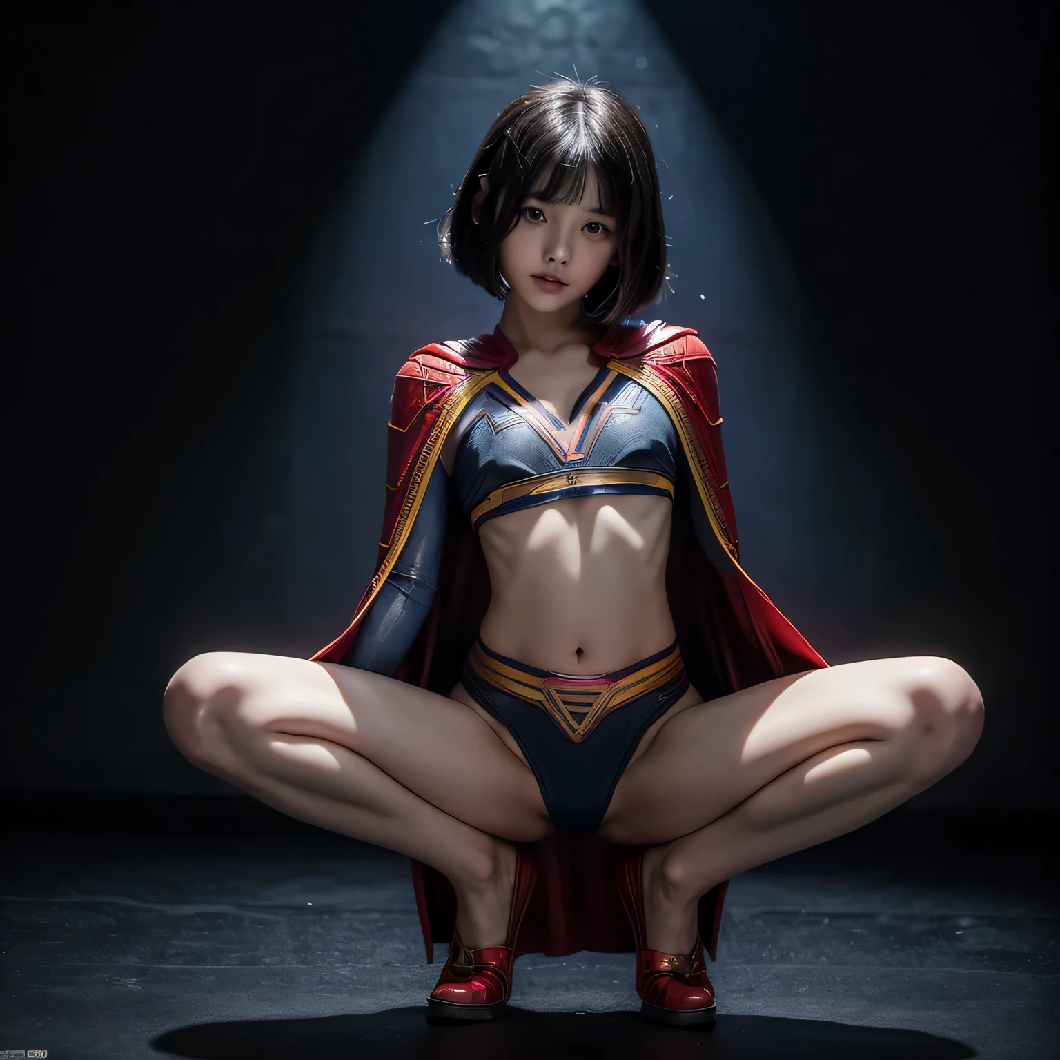 super girl elementary school student, masterpiece, highest quality, abstract, psychedelic, neon, (honeycomb pattern), (creative:1.3), fantasy 00d、 black hair、bob cut with trimmed ends、flat chest、Thin crotch、con、belly button、High-leg style、red cloak、pointed nipples、white panties、(((squat)))、transparent clothes、