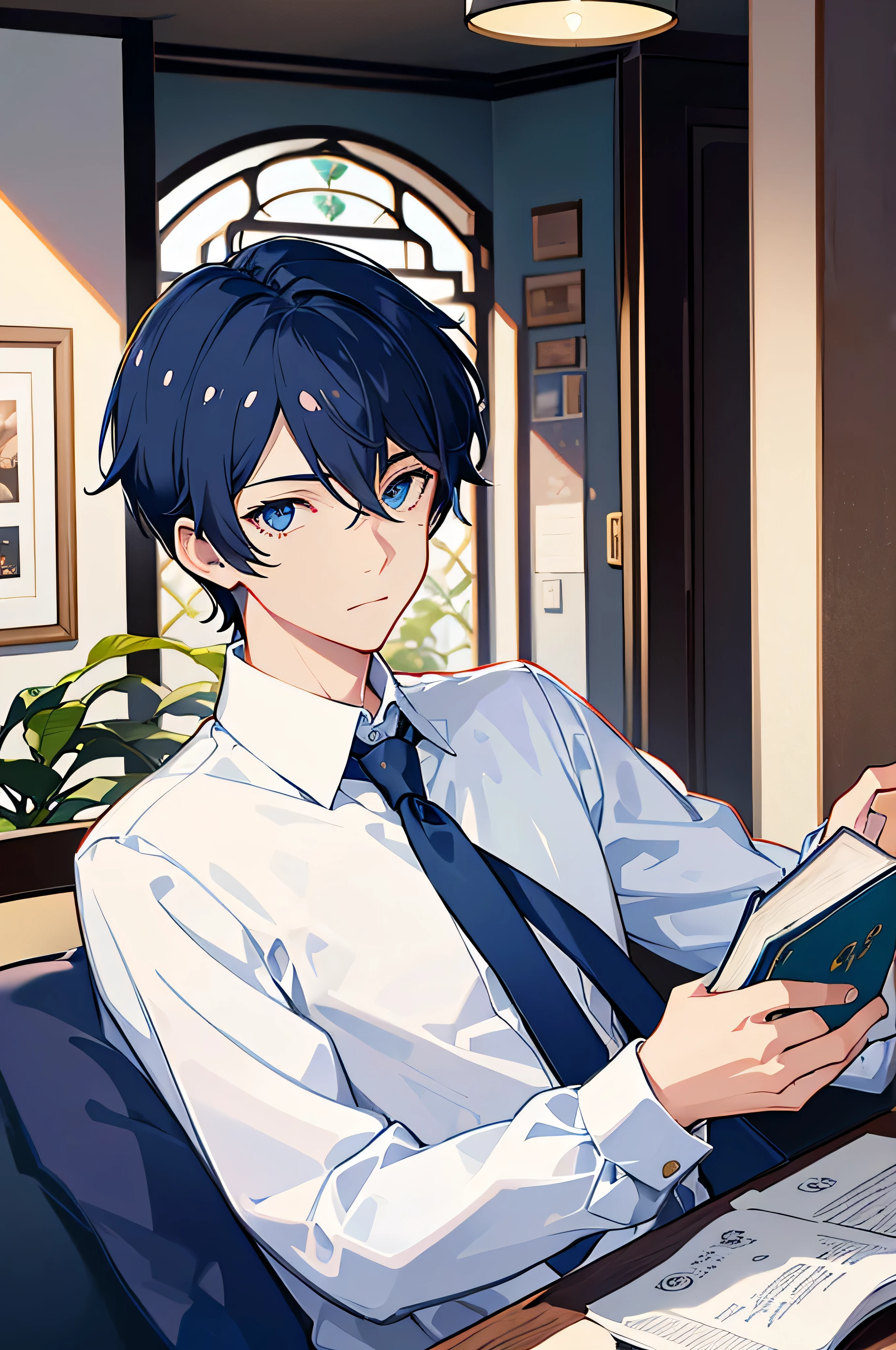 1boy, dark short hair, blue eyes, wearing a white shirt and navy sweater, sit in the cafe, book on the table, absurdres, hig res, ulatrasharp, 8K, masterpiece, looking at viewer