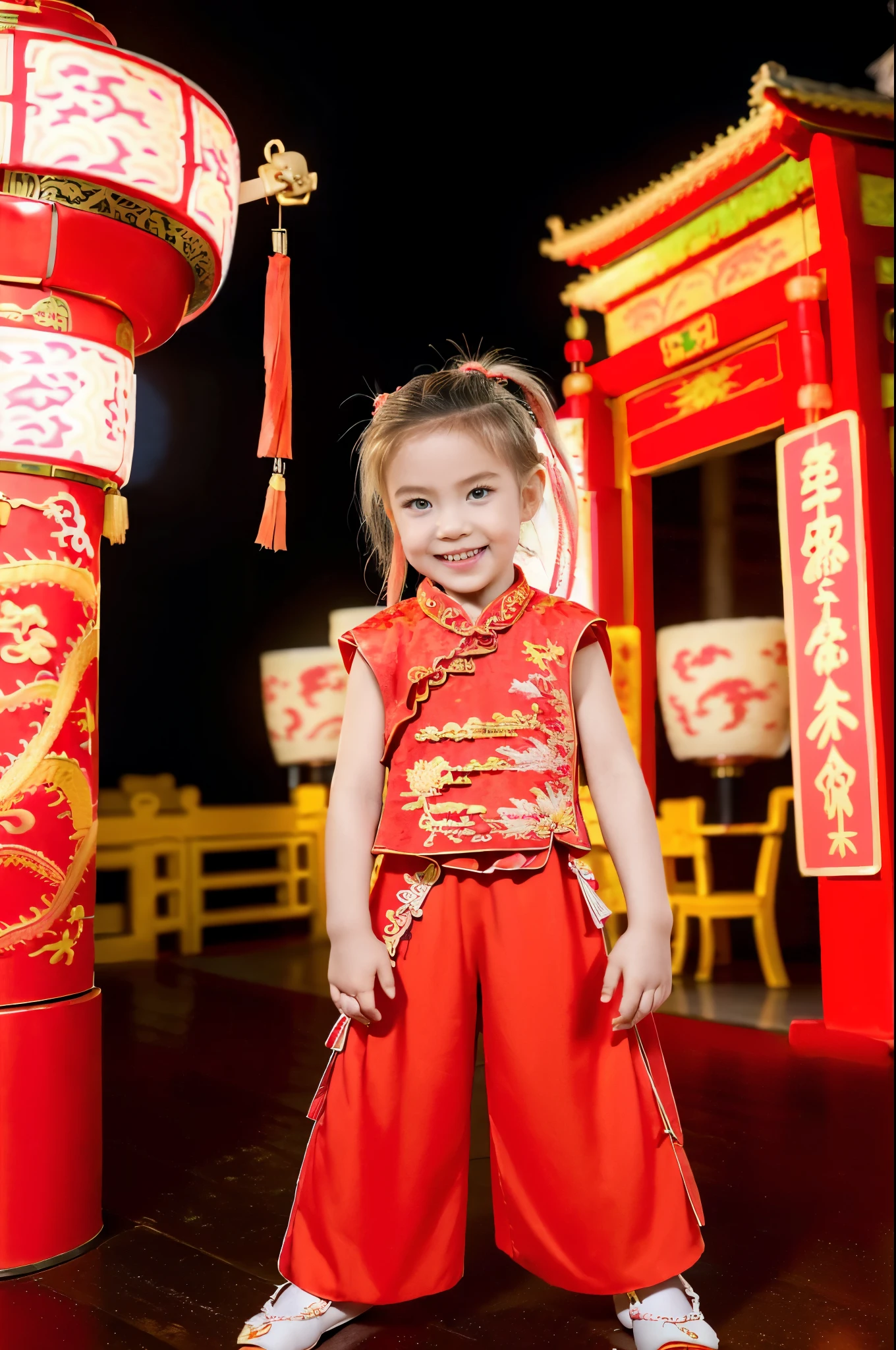 A cute baby girl, wearing Chinese dress, at a Chinese new year festival, beautiful