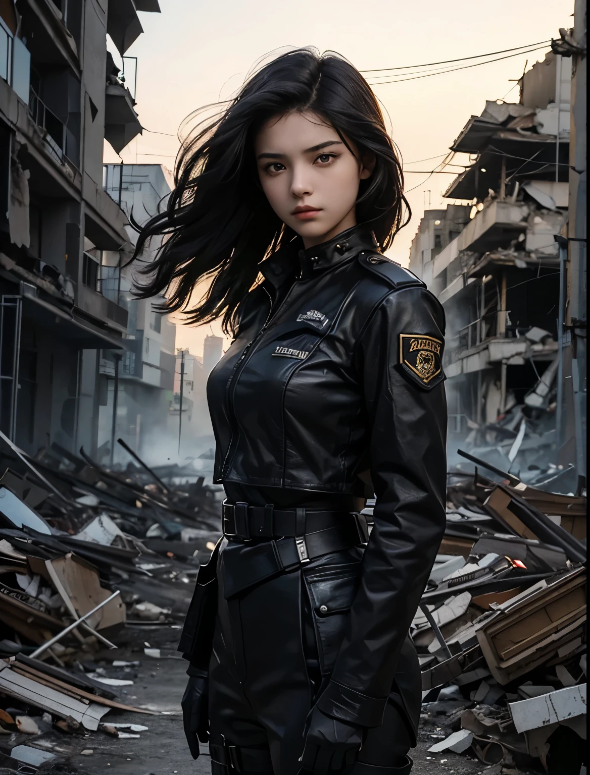 A beautiful woman. she is eighteen years old. She wears black metallic combat uniform. she has black hair. She has a serious expression. She is standing in the middle of a city that has been reduced to rubble. A masterpiece.