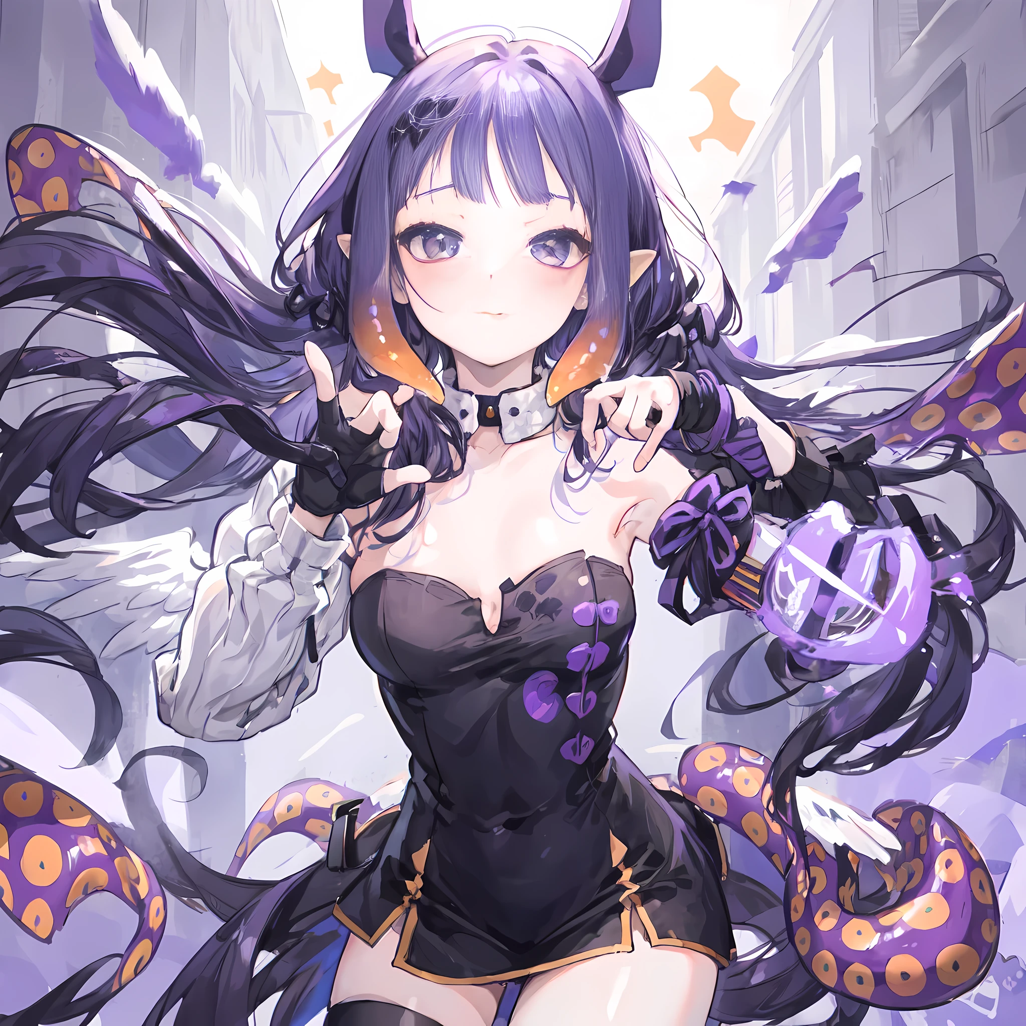 two-dimensional, masterpiece, best quality, Japanese cartoons, The facial details are very rich, highly detailed eyes, highly detailed back ground, perfect lighting, whole body, 1 girl, alone, Ninoma Inanis, purple hair, tentacle hair, blunt bangs, dynamic poses, purple background, Off-the-shoulder dress, Single thigh high, Detached sleeves, white stockings, (Low wing, mini wings), Cast spells