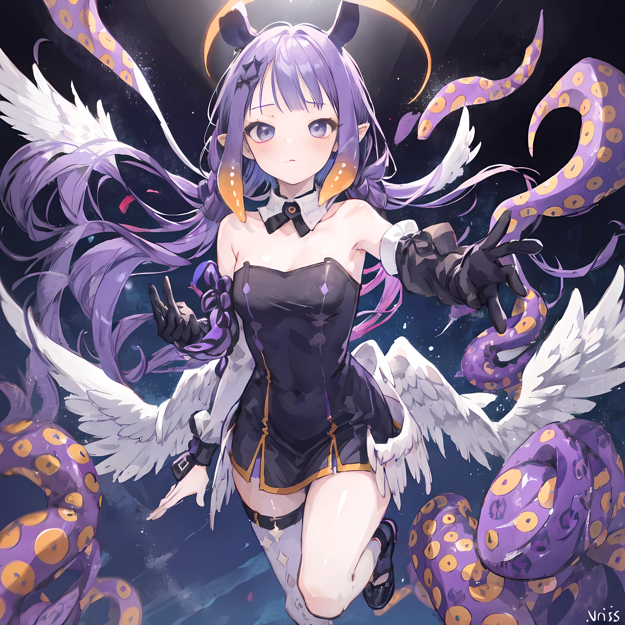 1girl in, Solo, White background, Simple background, Standing, Arms at sides, Full body, shrine maiden, straplessdress, low wings, Halo, tentacles, Smile、Big buttocks、I'm blushing