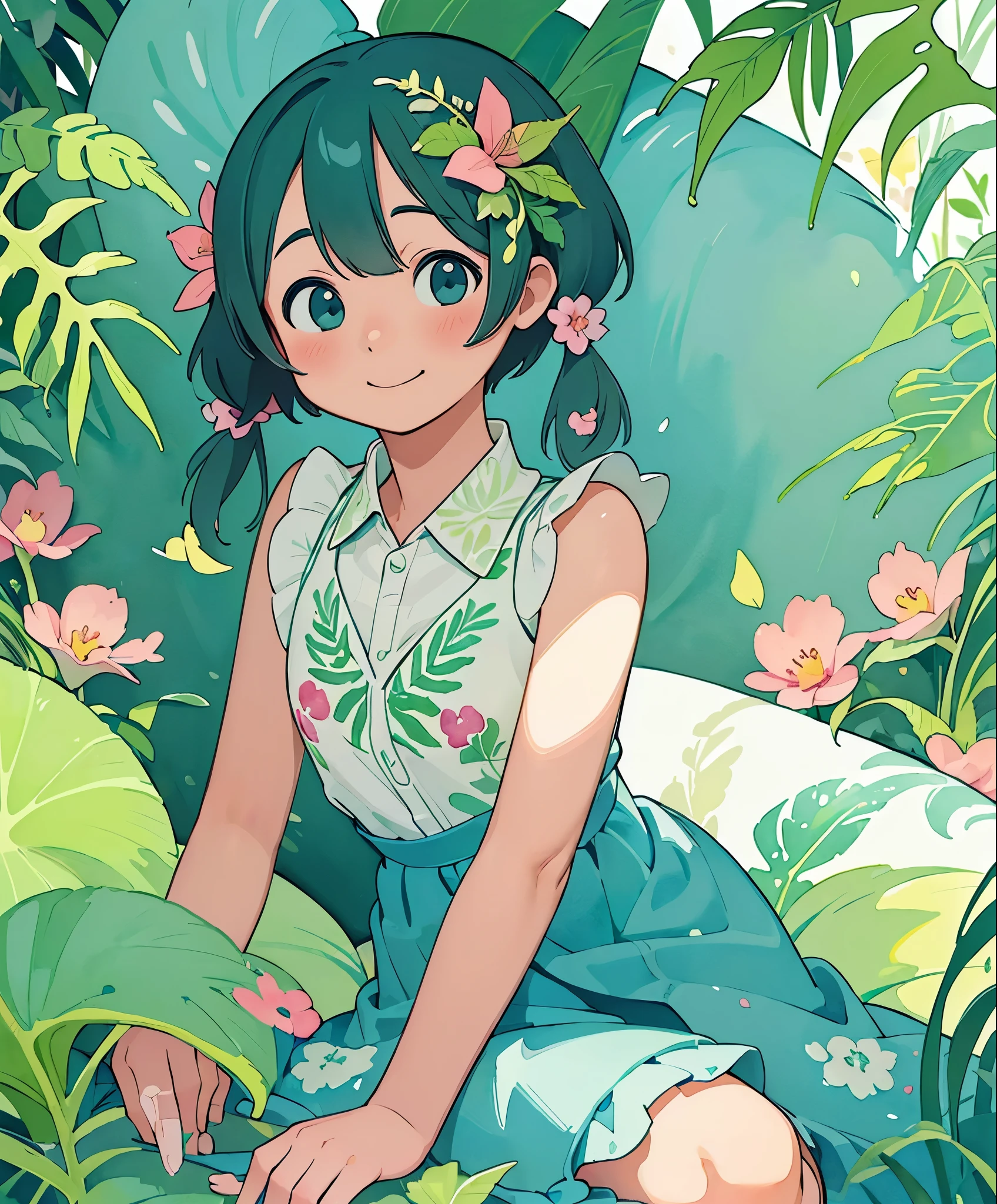 (masterpiece、highest quality、highest quality、official art、beautiful beautiful:1.2)、(1 girl:1.3)Hatsune Miku、beautiful breasts、twin tails、adorable smile、very detailed、, beautiful flower, berry, Fern, leaf, calm color watercolor pattern), (watercolor texture), ((1 girl), short hair, cute,