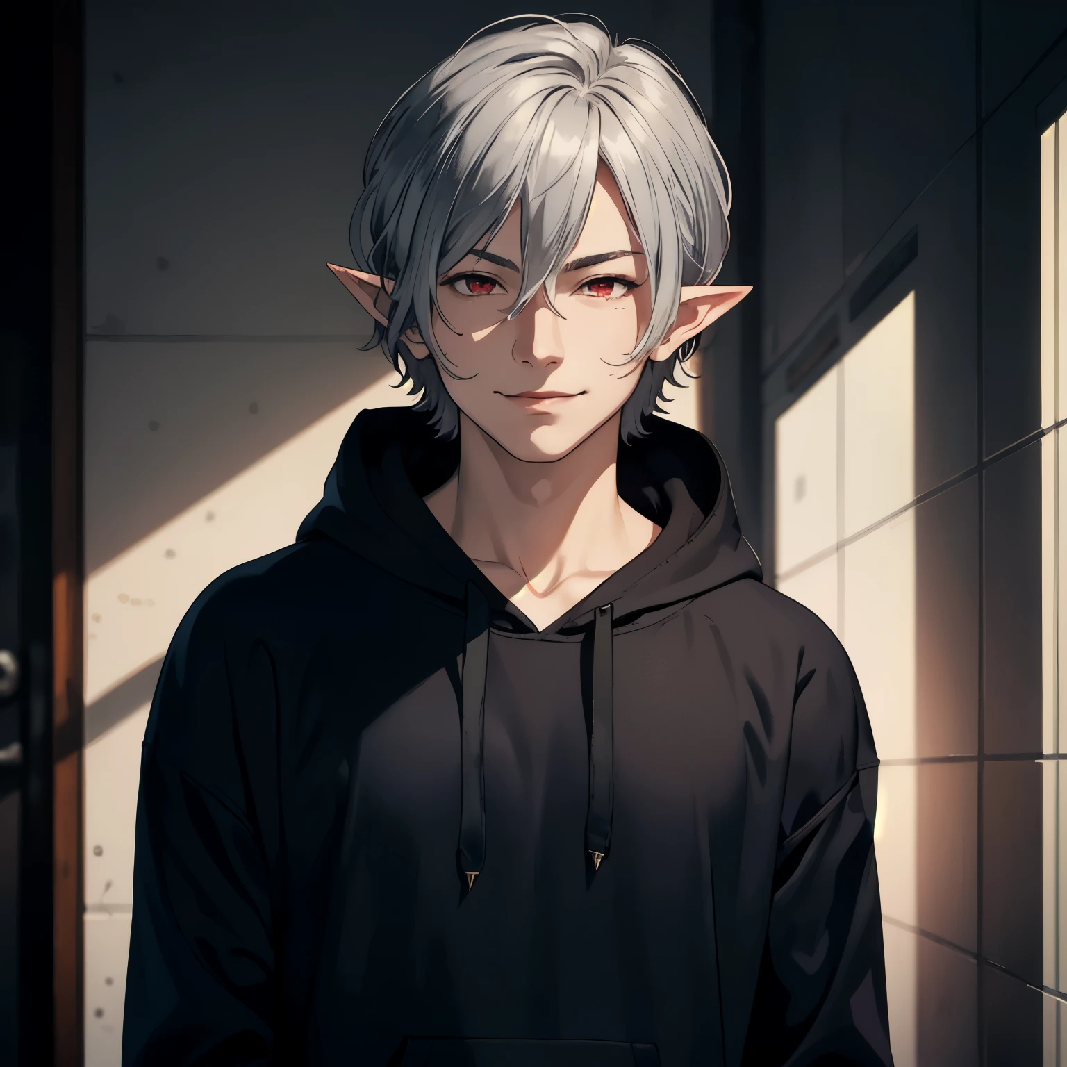 masterpiece, best quality, high quality, 1boy, solo, elder male focus, looking at viewer, age 30, half body, red eyes, short silver hair, pointy ears, realistic, hoodie, smirk