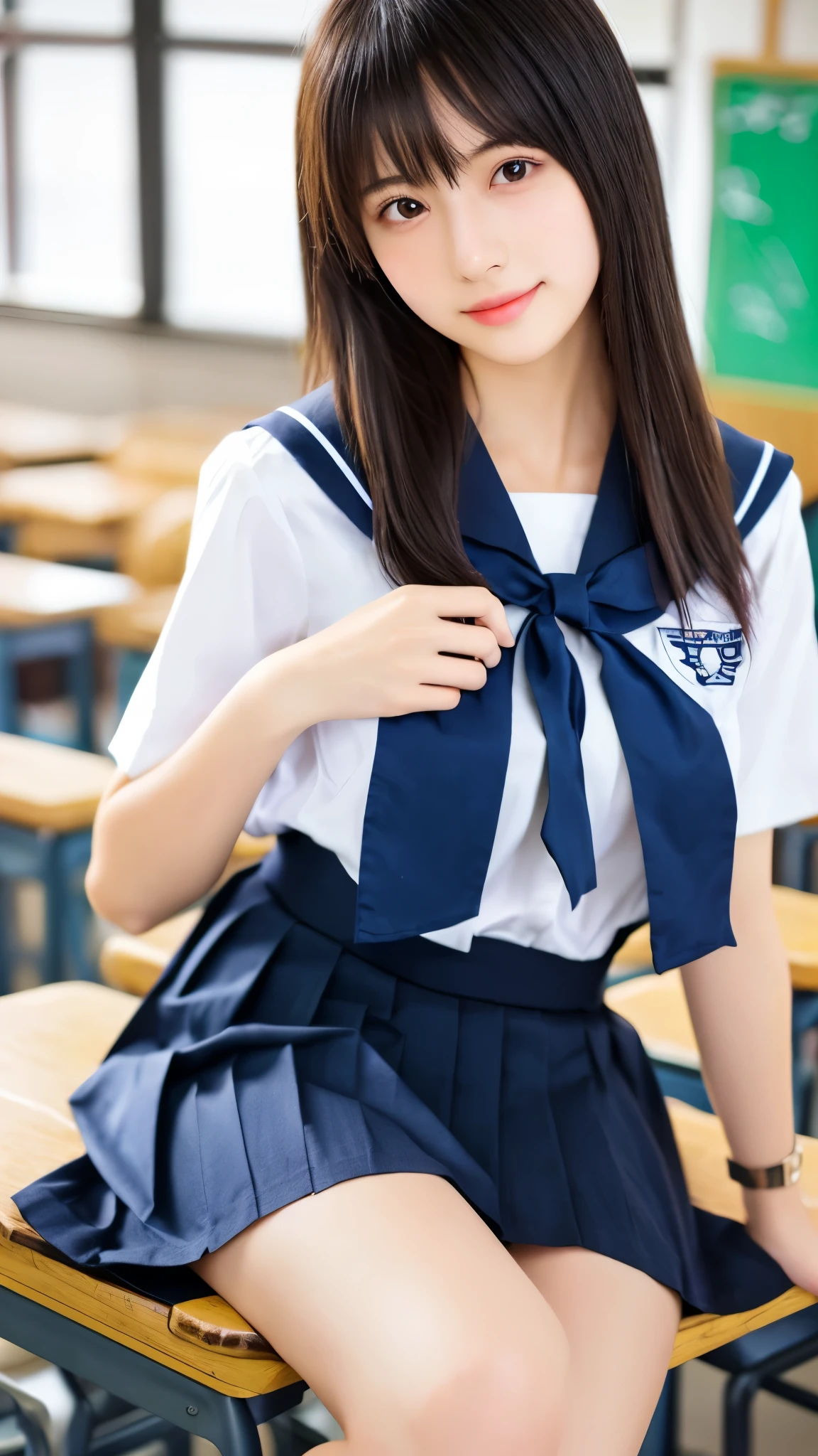 最high quality、high quality、best image quality、8K、最High resolution、High resolution、最high quality、masterpiece、RAW photo、whole body写真、Realistic human body with detailed details、Realistic skin in every detail、Realistic face in every detail、Realistic eyes in every detail、Realistic lips in every detail、Realistic teeth in every detail、Realistic ears with attention to detail、Realistic hair with detailed details、Realistic arms with attention to detail、Realistic hands with attention to detail、Realistic fingers with attention to detail、(fine hands、thumb1reference4)、Realistic legs with attention to detail、Realistic feet with attention to detail、((beautiful japanese girl))、(japanese model), (japanese woman)、((18 year old beautiful girl))、(black hair)、(straight hair)、((whole body))、((Upward beautiful breasts、Medium chest))、(slim style、slender style)、(whole body光沢肌、Fair skin)、Detailed and realistic human body、detailed realistic skin、detailed realistic face、detailed realistic arms、Detailed realistic fingers、Detailed realistic feet、soft natural light、sailor suit、school uniform、junior high school、high school、Junior School、japanese school uniform、((Transparent see-through(クロストップsailor suit、Sailor Mini Skirt))、((In the classroom of the school(Pose that makes your thighs look beautiful))