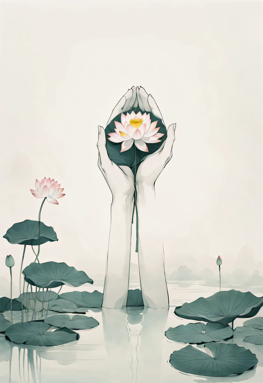 Beautiful slender hands clasped together,holding a lotus,contour,line art,Minimalist Chinese ink painting,