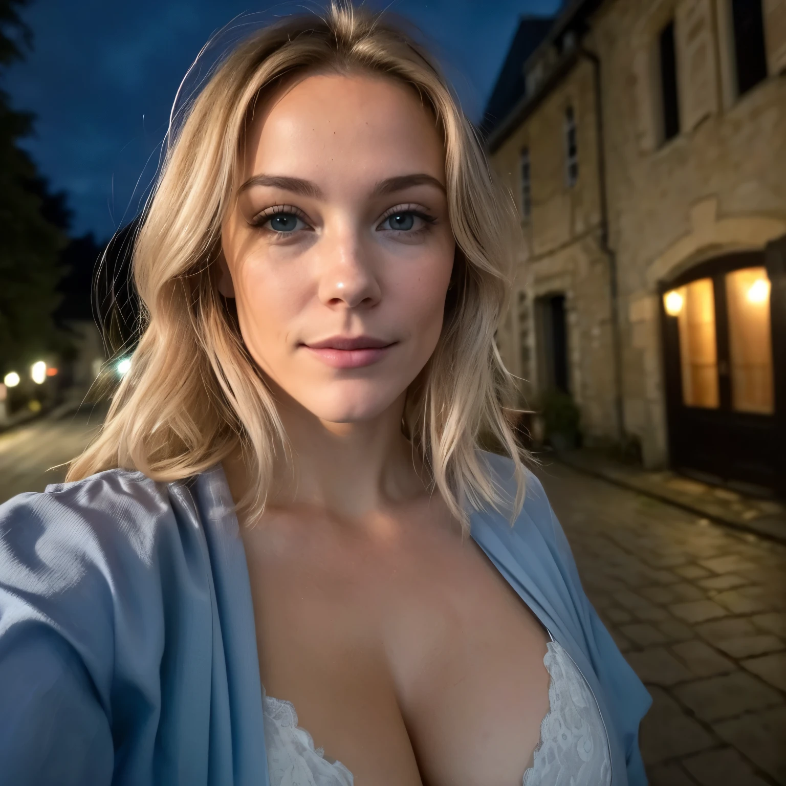 (selfie, vue de loin: 1.6), , Photo portrait RAW UHD d&#39;une blonde de 24 ans aux yeux bleus clairs) marcher dans une ruelle sombre, gros seins,, ville à nuit, (jupe), (décolletée), Détails (textures! , cheveux brun! , Inconvénients: 1.1), Des yeux brillants avec beaucoup de détails (regardant la caméra), Éclairage reflex, réflexe, Ultra-qualité, Netteté, Profondeur de champ, grain du film (centre), Fujifilm XT3, Limpide, Centre Du caDre, beau visage, mise au point nette, réverbère, Éclairage au néon, Bokeh (faiblement éclairé), nuit, (Ciel nocturne), pores détaillés de la peau, peau grasse, coup de soleil, œil complexe Détails, corps entier, gros seins