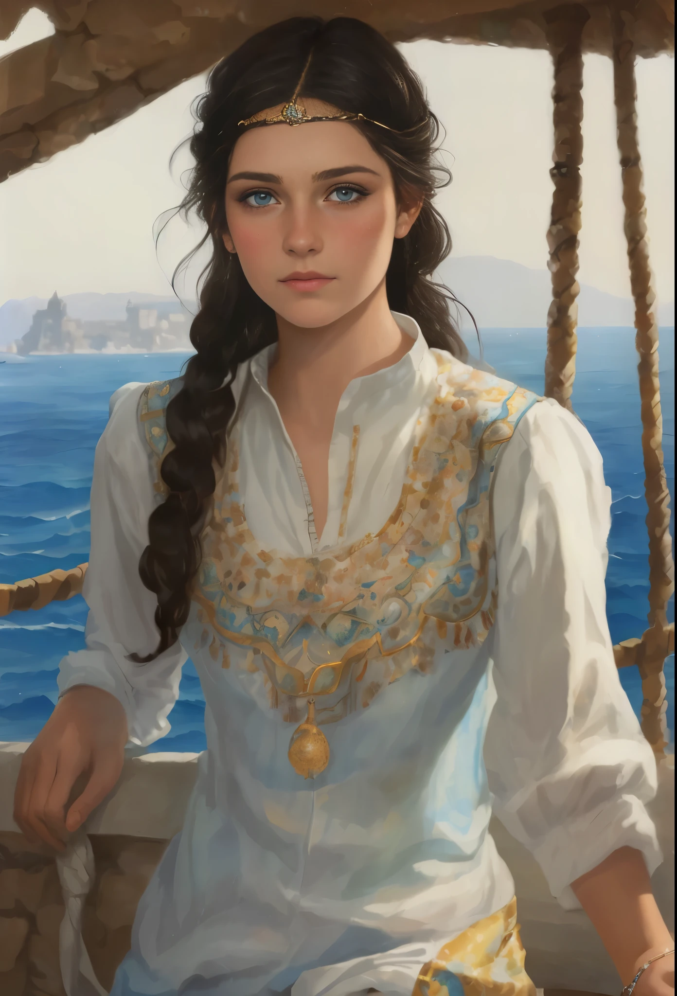 High resolution, brunette girl, 15 years old, bright blue eyes, pattern of stones on her face along the forehead to the temples, Brunette, temples slightly shaved, long black hair pulled back in a ponytail, temples slightly shaved, dressed in a silk shirt and loose trousers, bright blue eyes, portrait, the sea in the background, seagulls, realism, fantasy