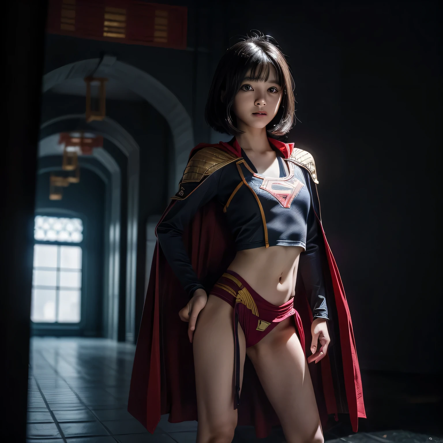 super girl elementary school student, masterpiece, highest quality, abstract, psychedelic, neon, (honeycomb pattern), (creative:1.3), fantasy 00d、 black hair、bob cut with trimmed ends、flat chest、Thin crotch、con、standing on the walkway、belly button、High-leg style、red cloak、pointed nipples、white panties、(crouching pose)、transparent clothes、