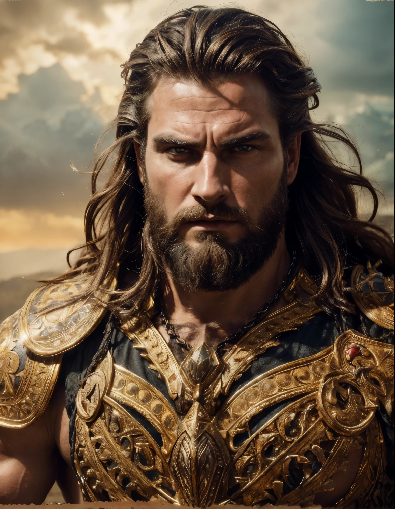 eyes and facial features, regal attire, imposing stance, intricately designed armor, piercing and intense gaze, backlighting to create a dramatic silhouette, rich warm colors, exquisite craftsmanship, realistic textures, strong and defined jawline, long flowing hair, aura of power and authority, rugged and weathered appearance, majestic background scenery, epic and grandiose atmosphere, dynamic composition, cinematic lighting effects, breathtaking realism.