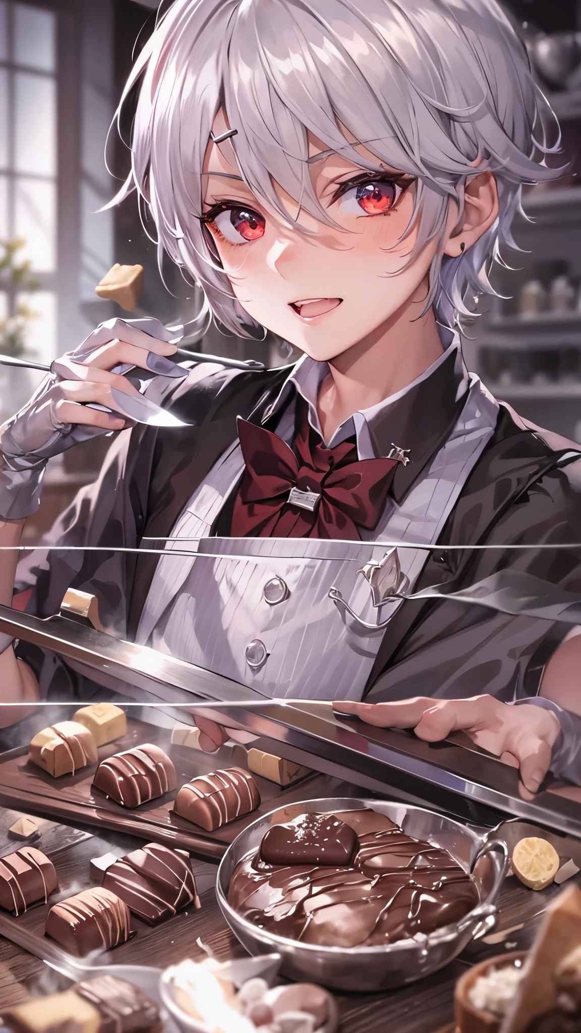 in the kitchen, ((Tasting chocolate sweets)) (a silver hair short hair divine swordman boy, 15 yo, red eyes, serious face), ((in a butler uniform, apron)), break, masterpiece:1.2, best quarity, beautiful detailed grow.