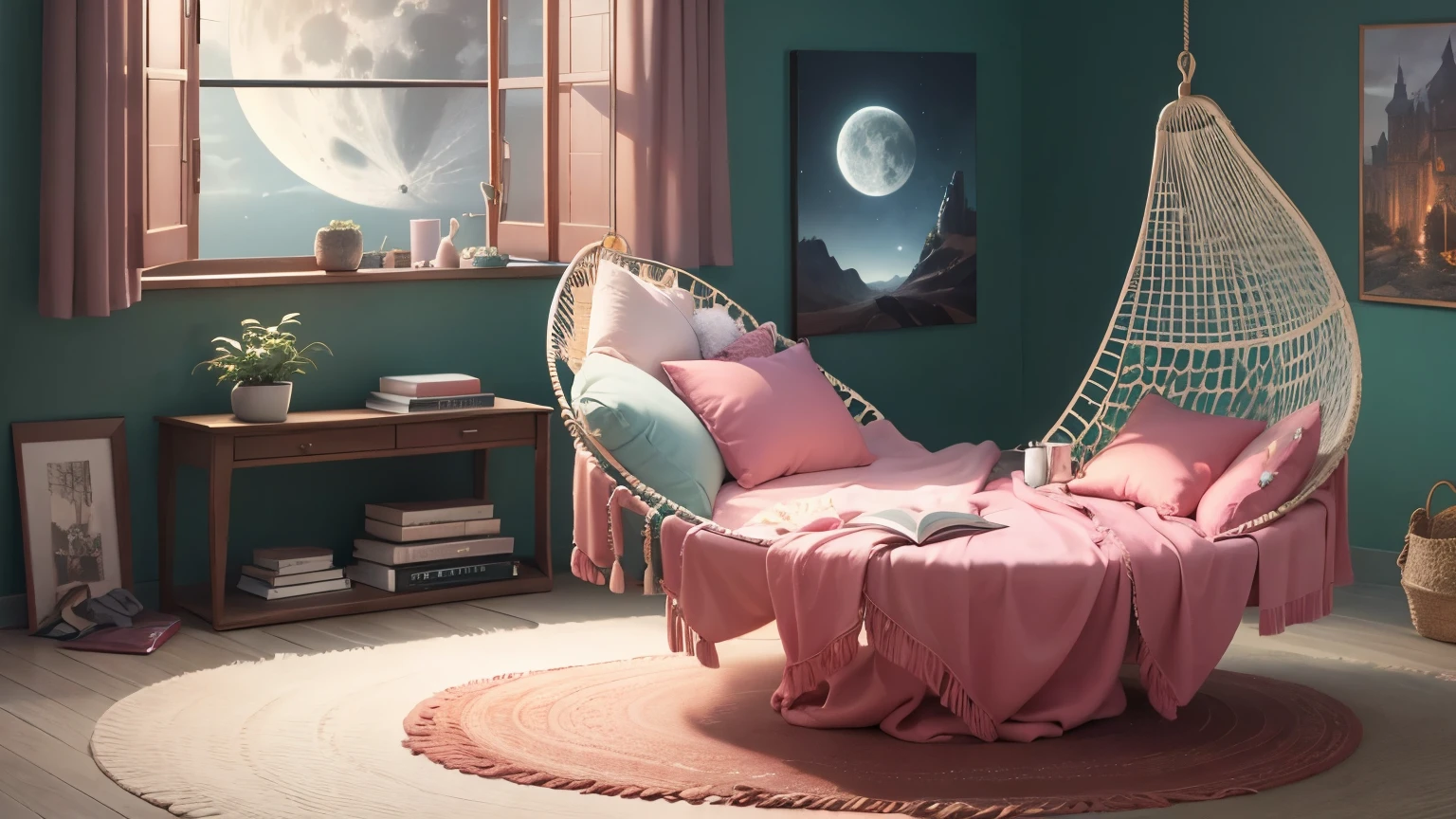 (In 8K, best quality, muste piece:1.2)、ultra high resolution,teenager's room,Round window,The moon seen from the window,pink hammock facing the viewer,Colorful cushions on the hammock,round carpet