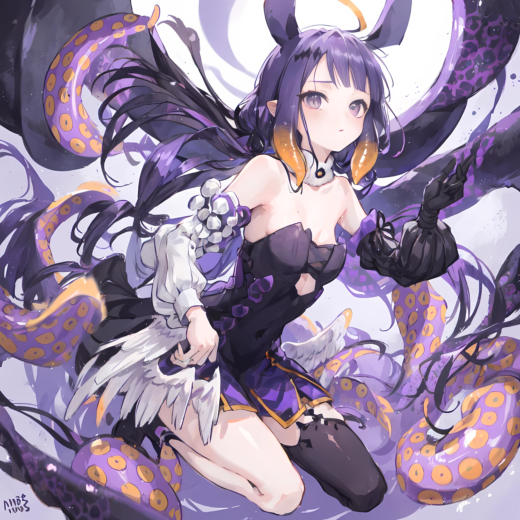 two-dimensional, masterpiece, best quality, Japanese cartoons, The facial details are very rich, highly detailed eyes, highly detailed back ground, perfect lighting, whole body, 1 girl, alone, Ninoma Inanis, purple hair, tentacle hair, blunt bangs, dynamic poses, purple background, Off-the-shoulder dress, Single thigh high, Detached sleeves, white stockings, (Low wing, mini wings), Cast spells