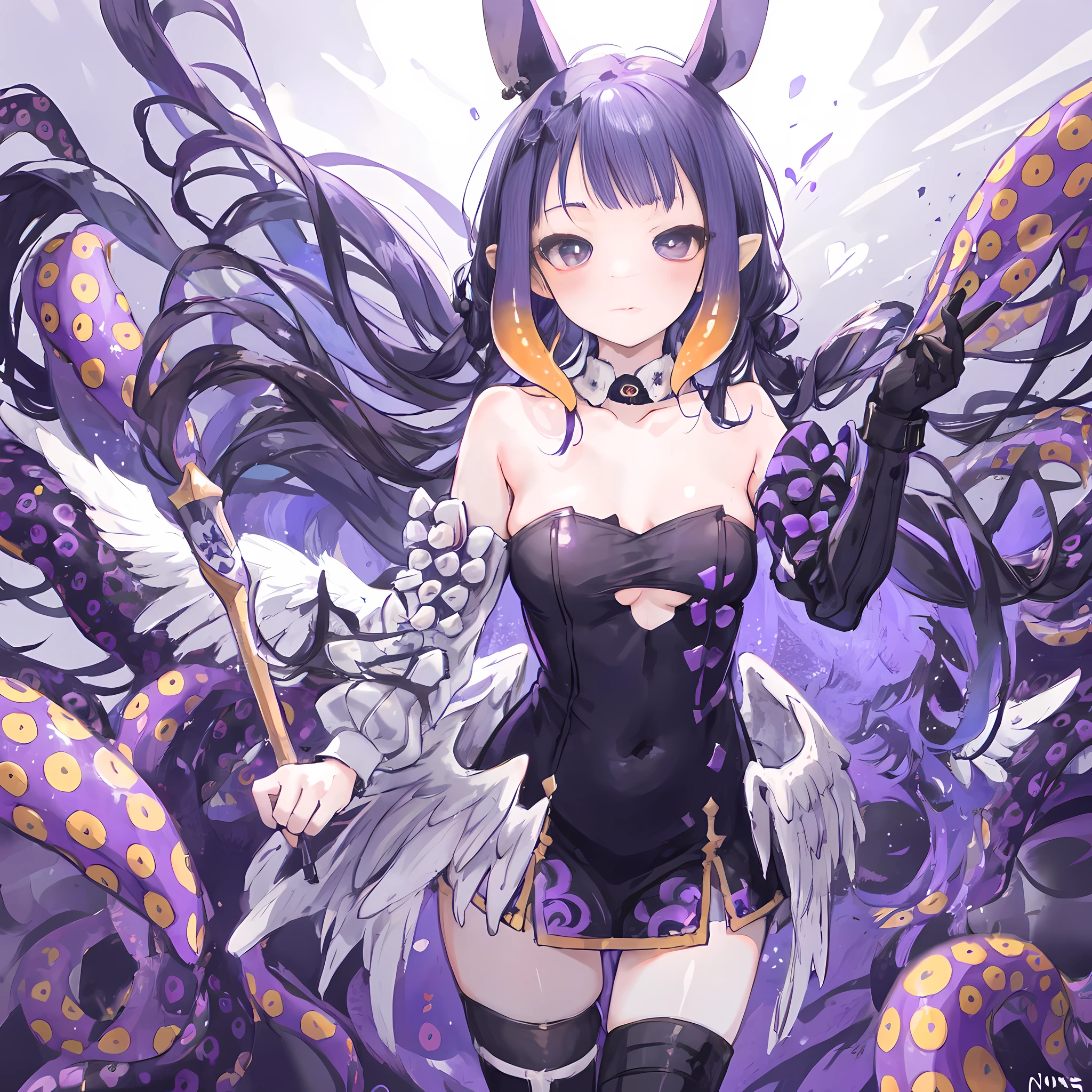 two-dimensional, masterpiece, best quality, Japanese cartoons, The facial details are very rich, highly detailed eyes, highly detailed back ground, perfect lighting, whole body, 1 girl, alone, Ninoma Inanis, purple hair, tentacle hair, blunt bangs, dynamic poses, purple background, Off-the-shoulder dress, Single thigh high, Detached sleeves, white stockings, (Low wing, mini wings), Cast spells