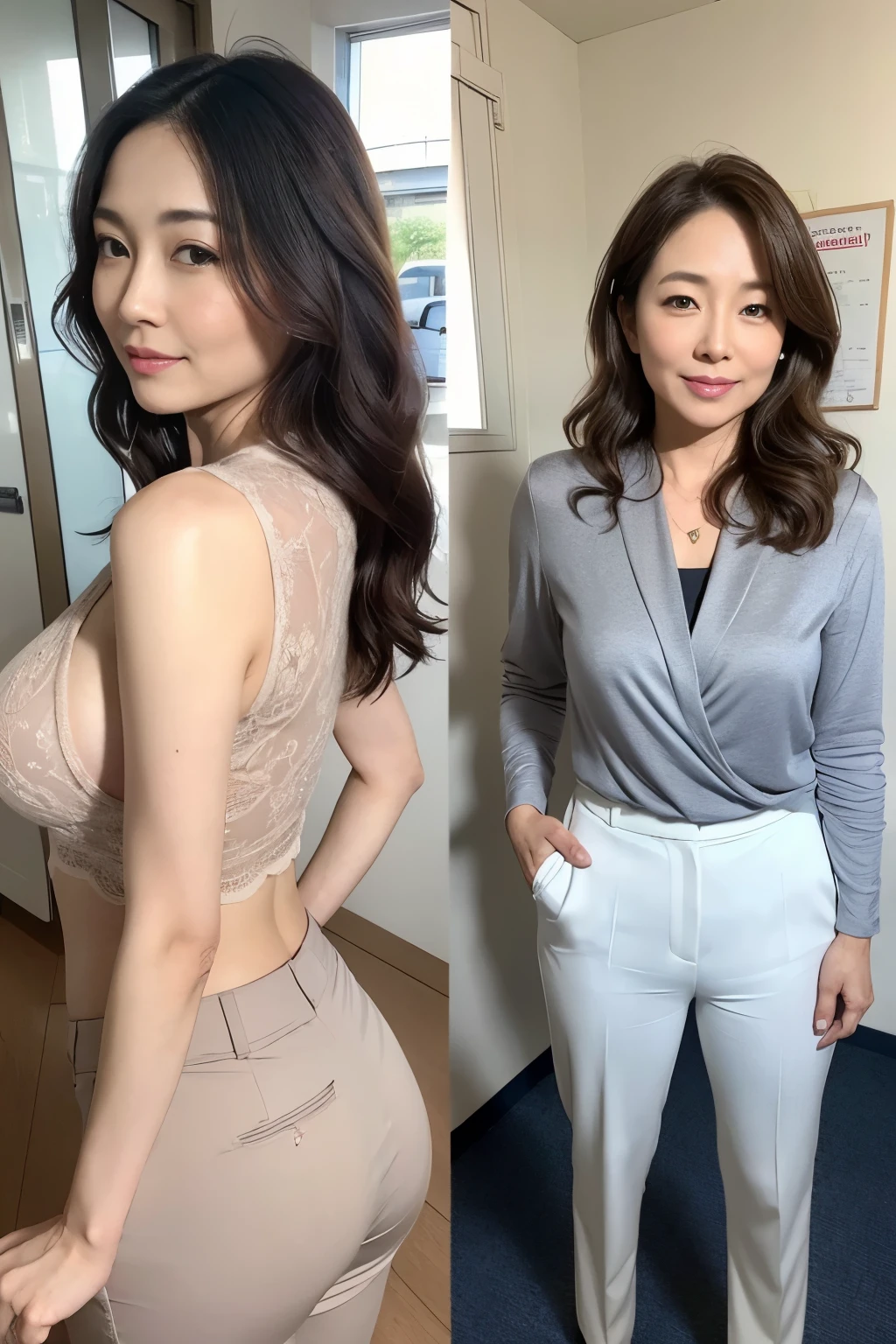 50 year old mature woman、japanese woman、sex appeal, sexy,fine skin、sterpiece、Beautiful breasts high quality、perfect writing、Super beautiful、facial high definition、Makeup is light、Beautiful butt high quality、Shining beautiful skin、Shining beautiful skin step piece、Transparent beauty、Goddess of Eros、photorealistic、looking at the camera、whitening skin、masterpiece、wavy hair、School Teacher、Pants Style、business suit、