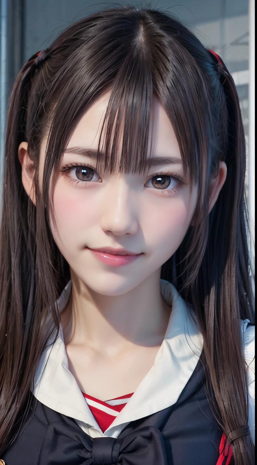 1 girl, Super cute, wonderful face and eyes, (Beautiful lovely smile), (Highly detailed beautiful face), bright and shiny lips,  Keep staring at me, super beautiful, (school uniform:1.3), (highest quality:1.4), (hyper quality), (super detailed), (surreal, Photoreal:1.37), real skin texture, Highly detailed CG integrated 8K wallpaper, RAW photo, professional photos, cinematic lighting,